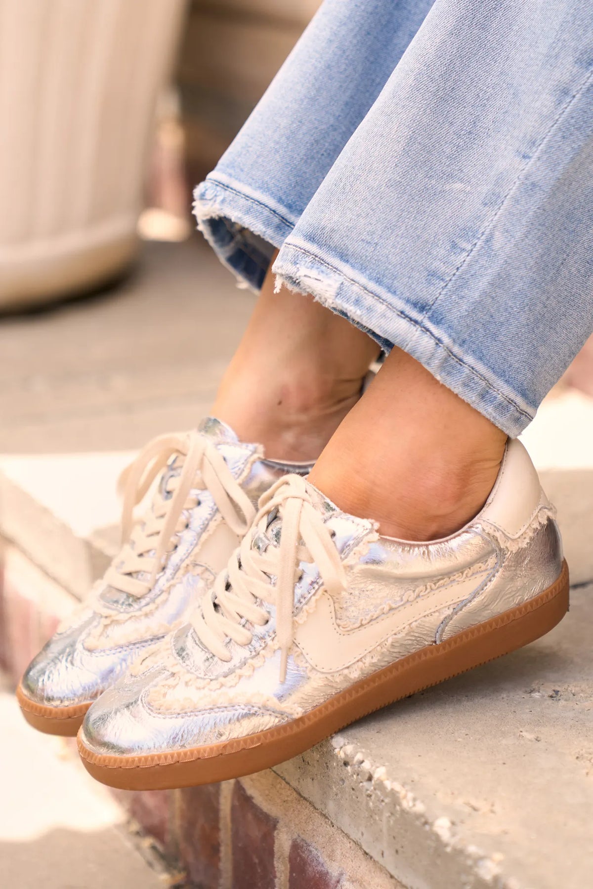 White Sneakers with Silver Accents Tempo: White Leather - White Platform Sneakers For Bunions  main image 2