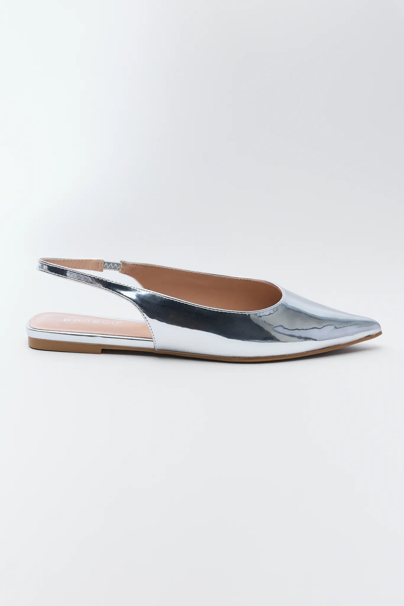 Sylvia Silver Metallic Flats on a white background