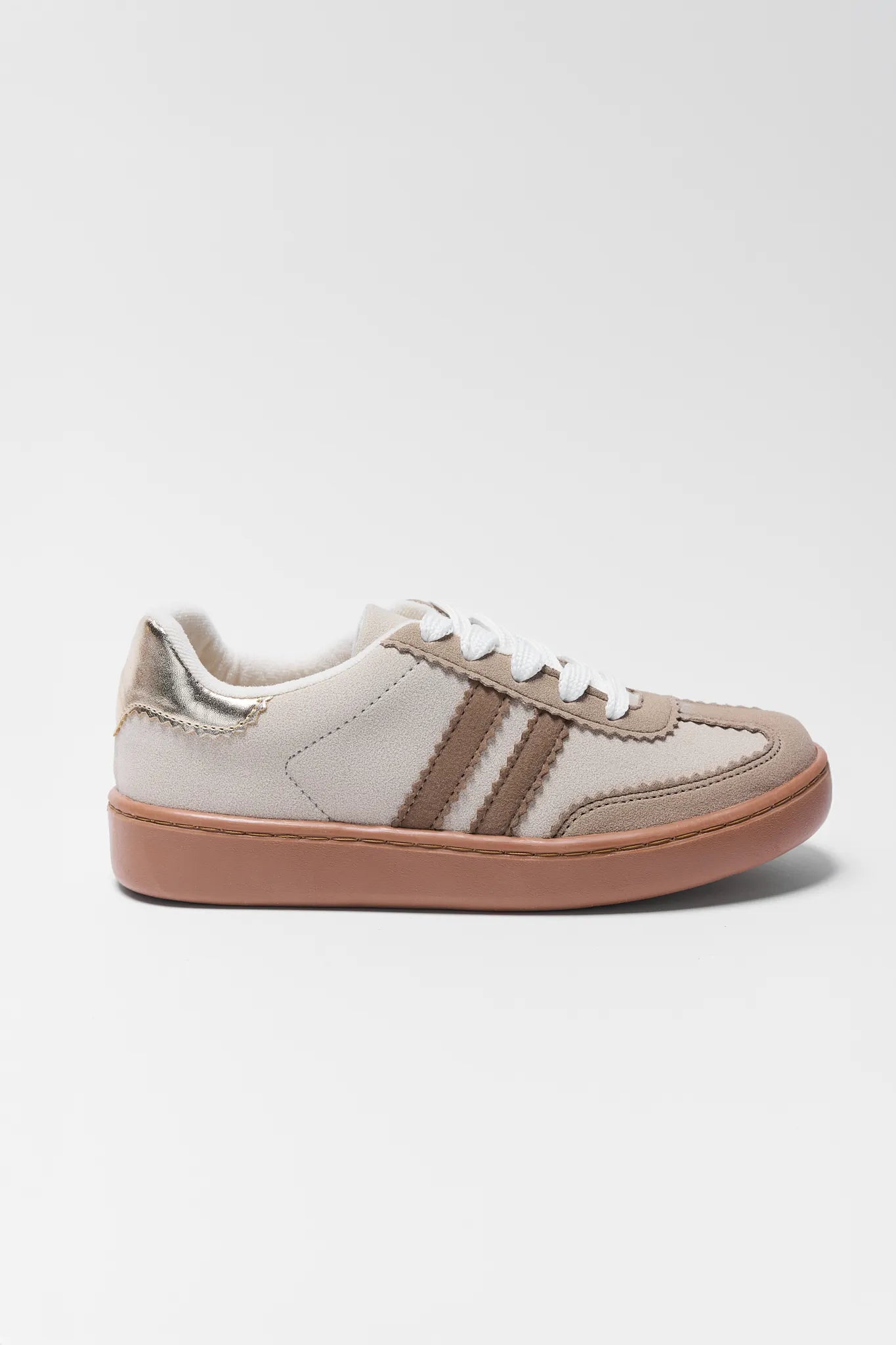 Sylvie Tan Striped Sneakers with brown sole on a white background