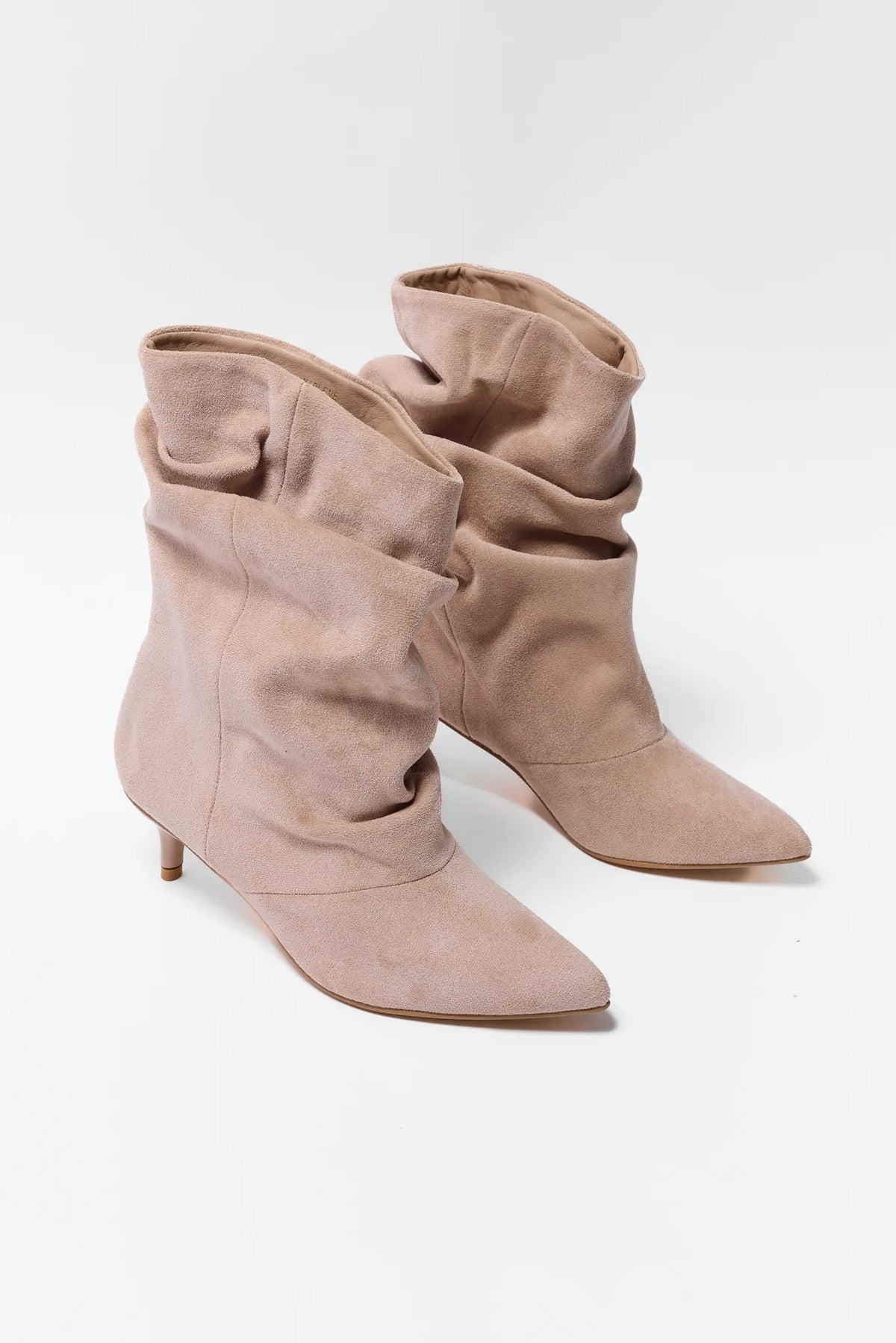 Tan Faux Suede Slouchy Boots - Pair Front View, Kitten Heel | Avara