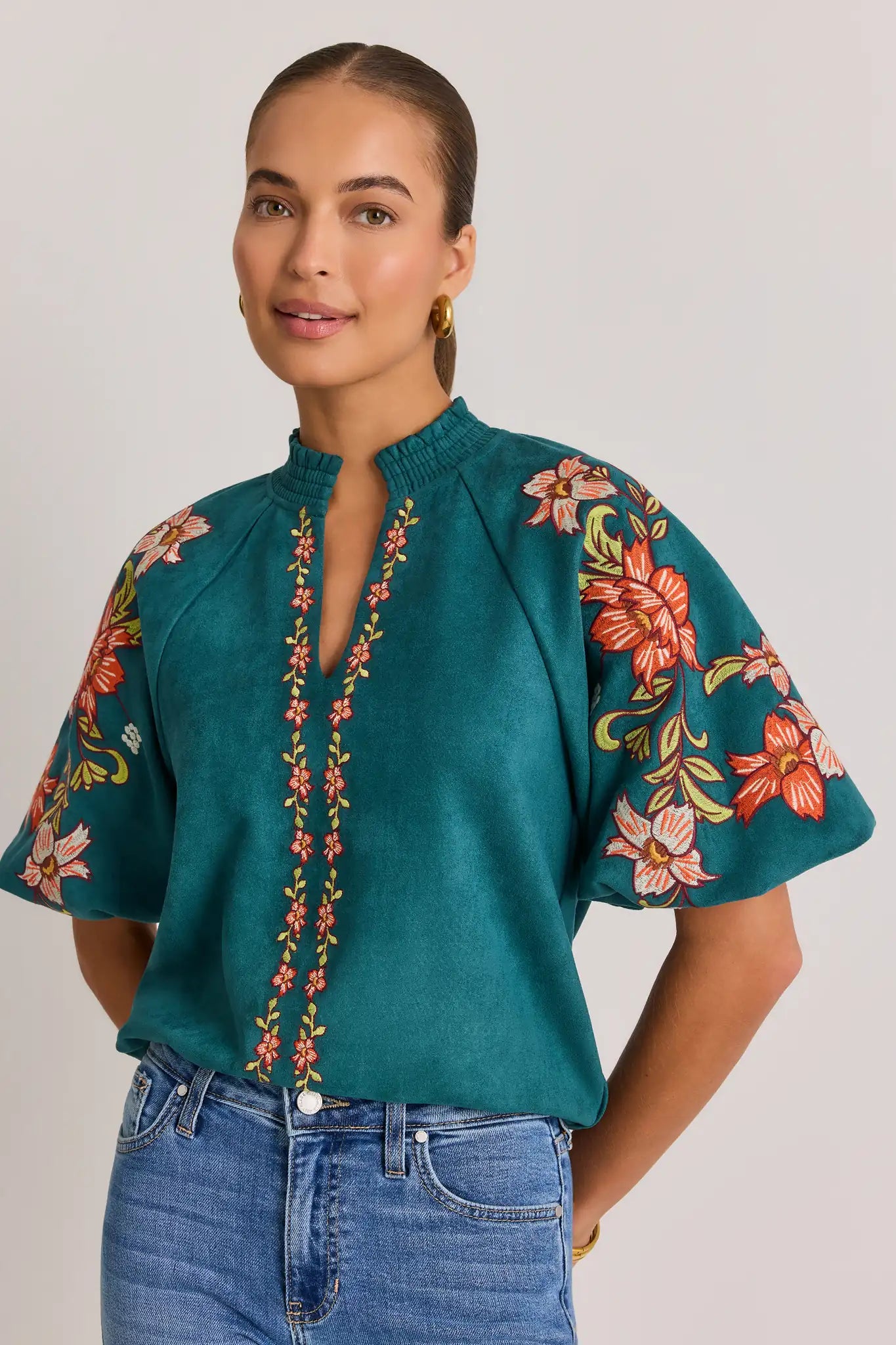 Teal Faux Suede Embroidered Top by THML