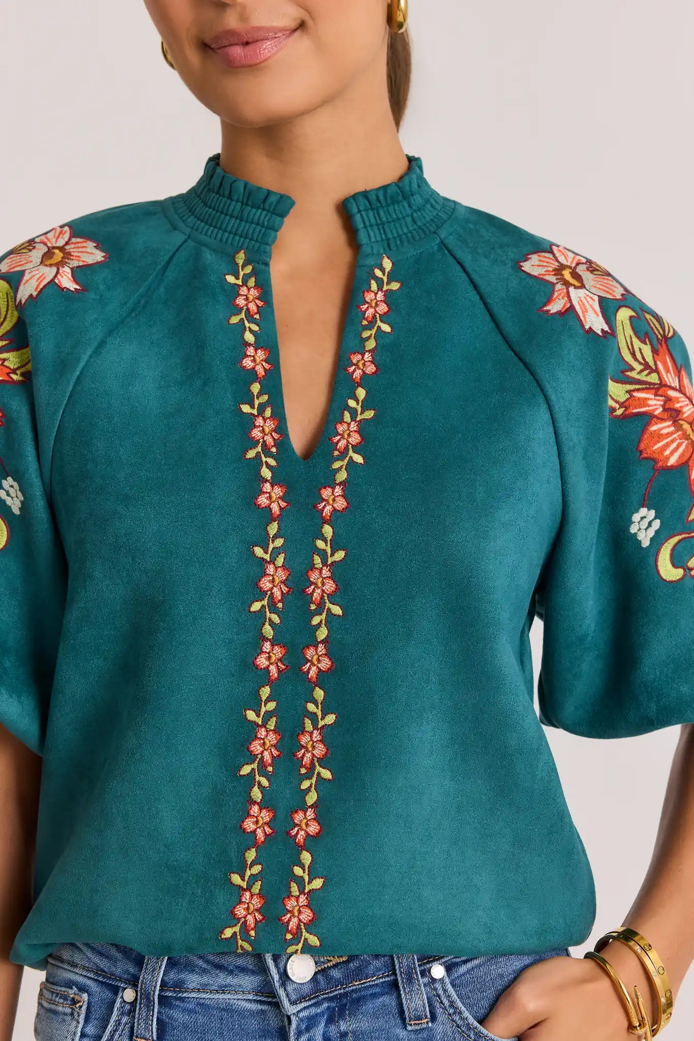 Teal Faux Suede Embroidered Top by THML