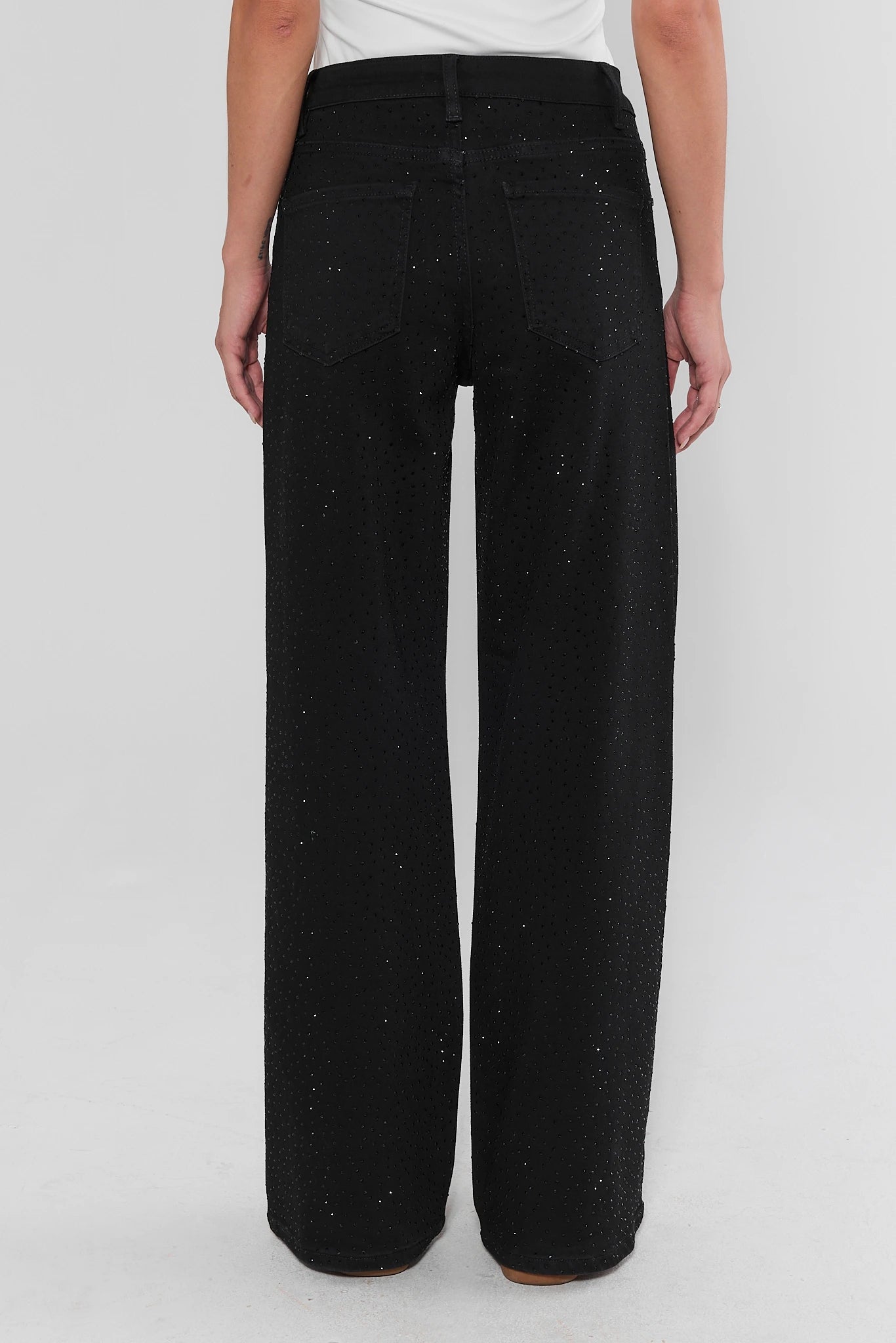Black wide-leg pants with a subtle speckled texture, shown from the back on a model wearing a white top against a light gray background.