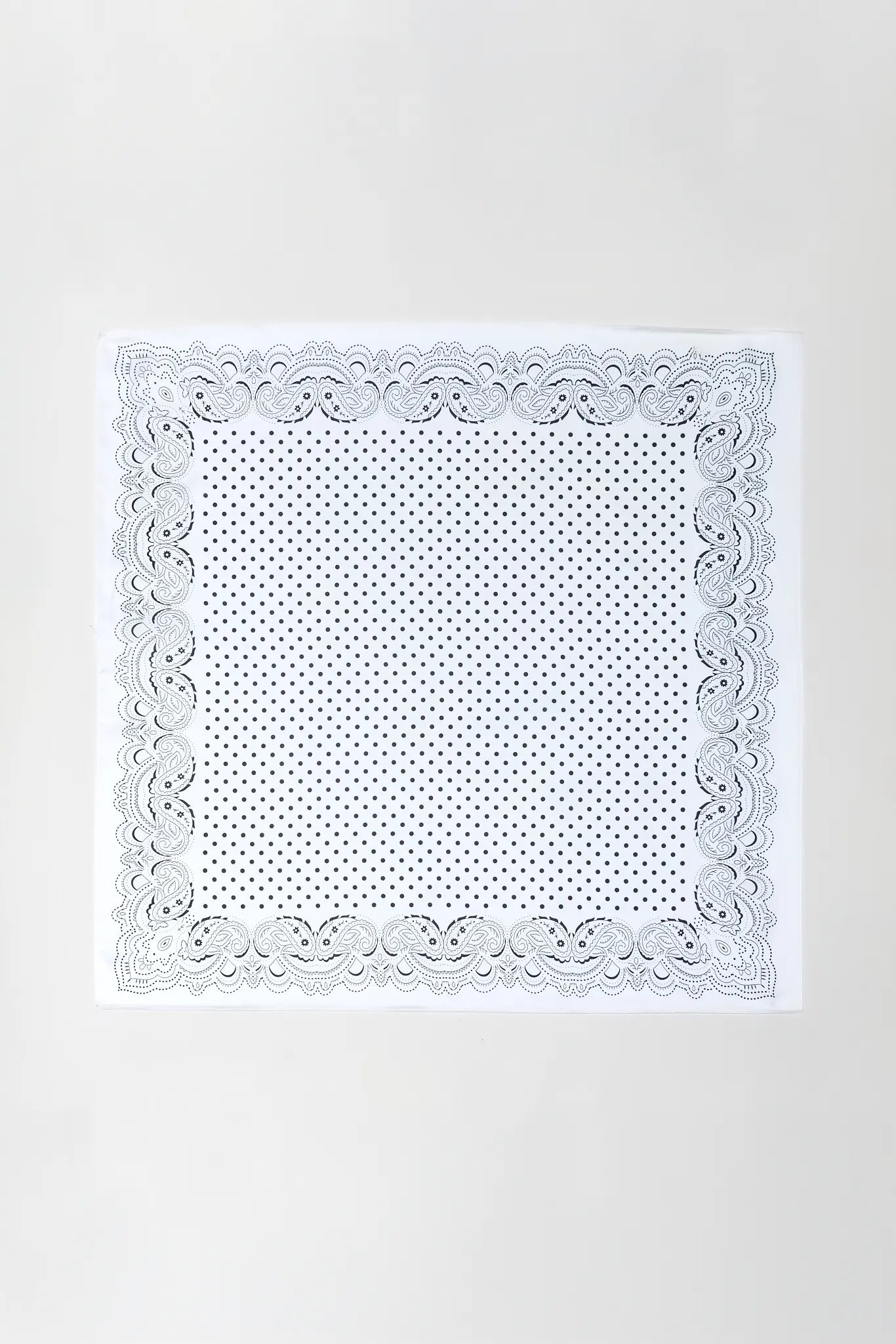 A square white bandana or scarf featuring a delicate scalloped lace border and a fine black polka dot pattern in the center, displayed flat against a light gray background.