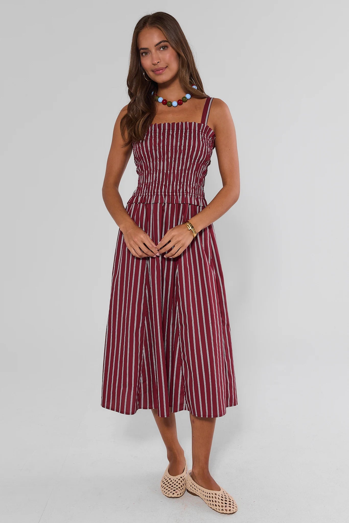 Maroon Striped Smocked Midi Dress