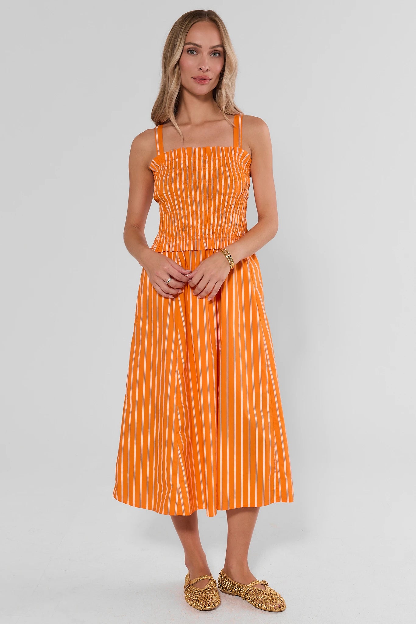 Orange Striped Smocked Midi Dress | Women's Clothing