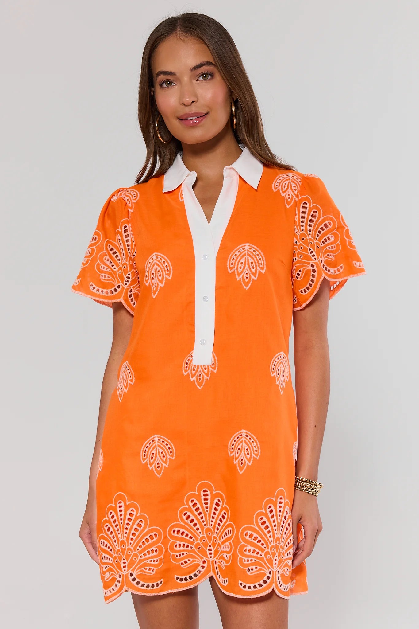Orange Eyelet Embroidered Short Dress