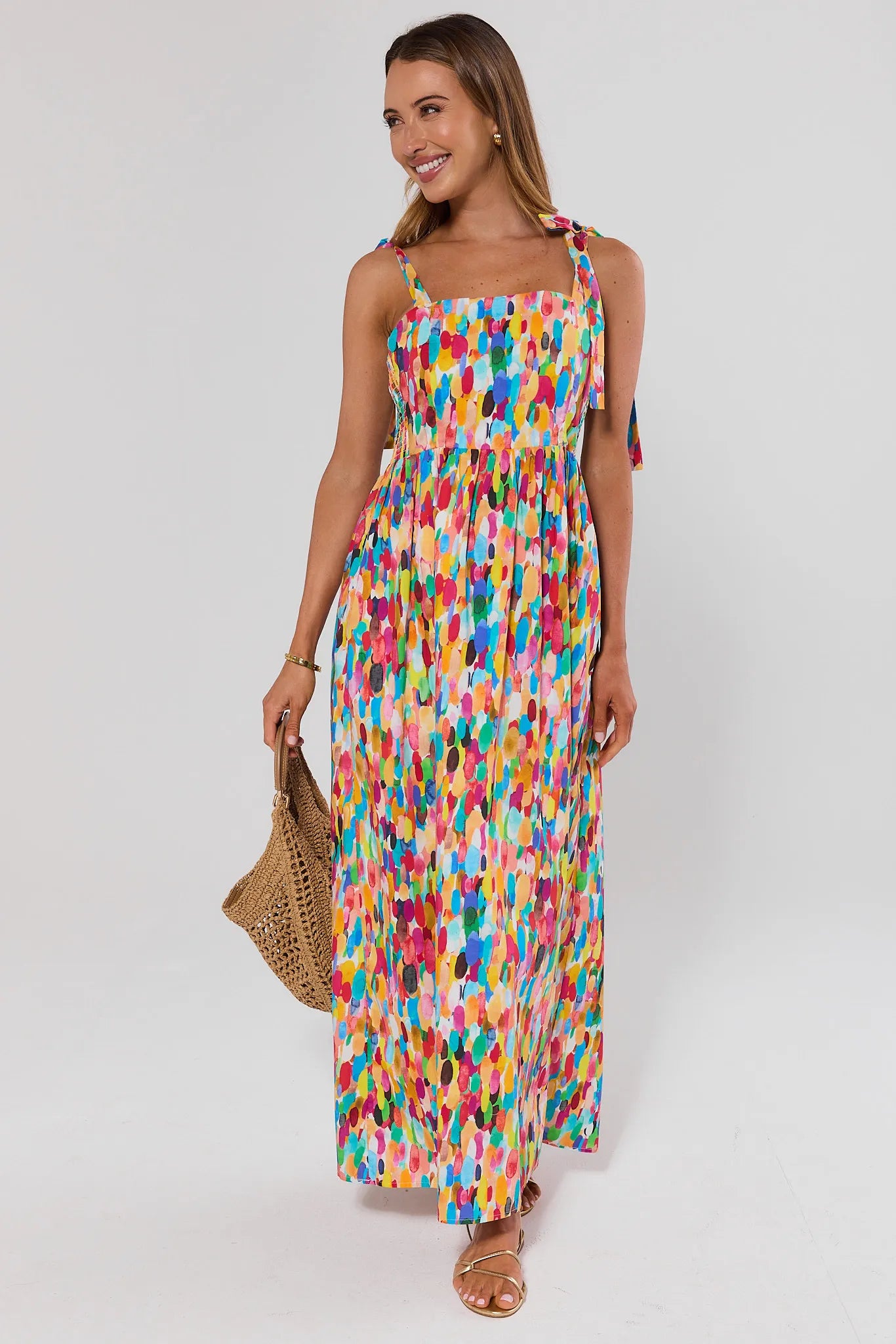 Sandy Multi Printed Smocked Midi Dress