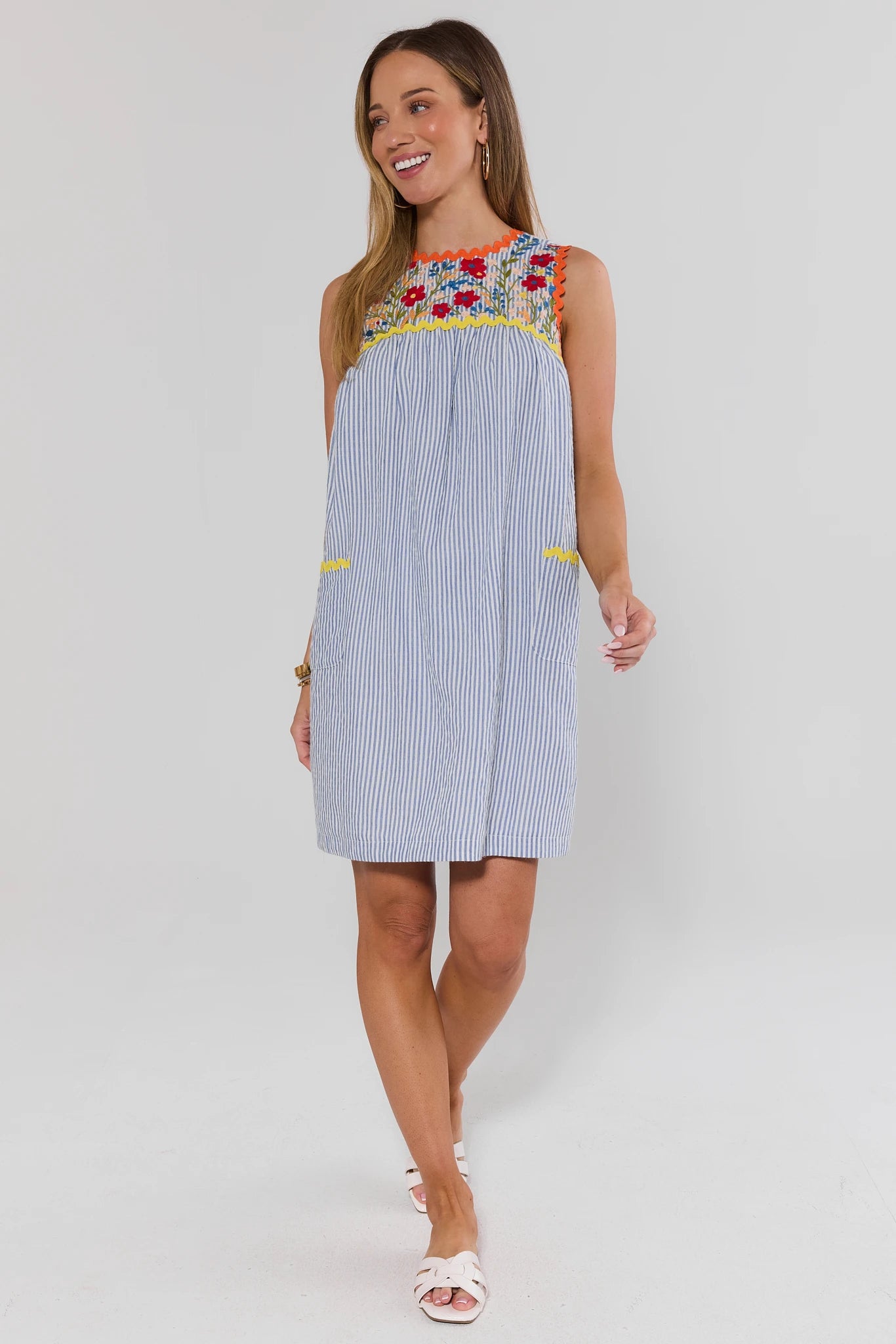 Blue Striped Floral Detail Short Dress | Women's Clothing
