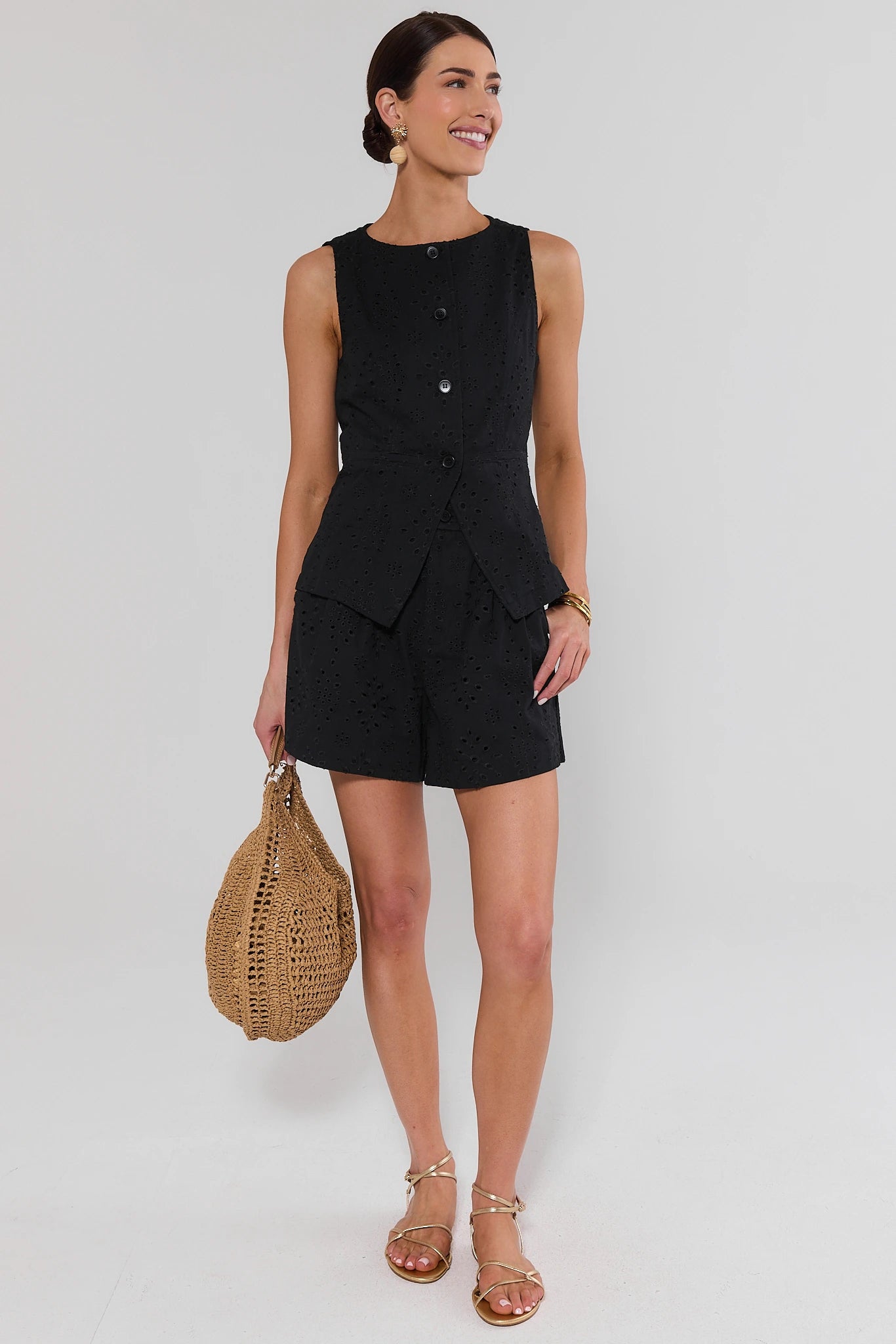 Black Eyelet Tailored Shorts | Women's Clothing