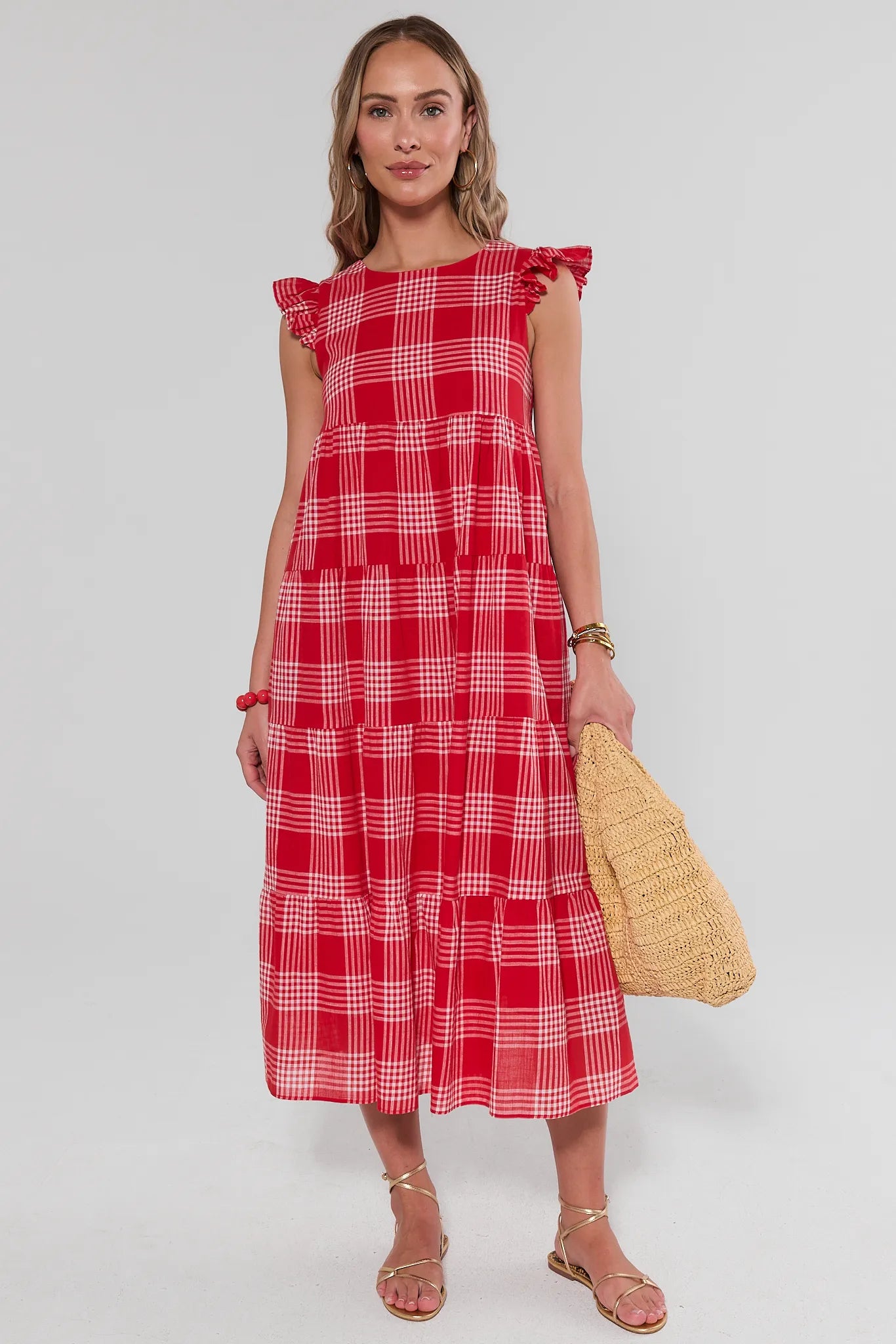 Red Plaid Flutter Sleeve Midi Dress