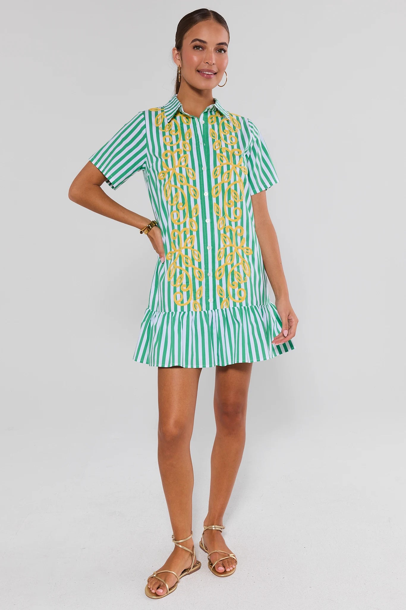 Green Striped Drop Waist Short Dress | Women's Clothing