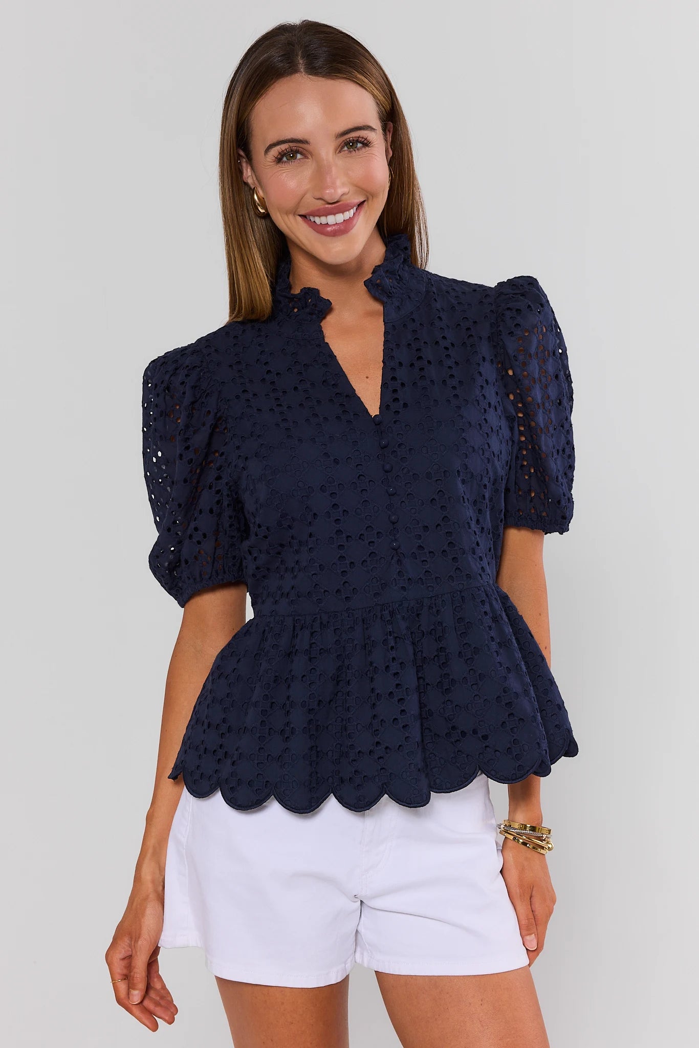 Navy Eyelet Peplum Top | Avara | Avara