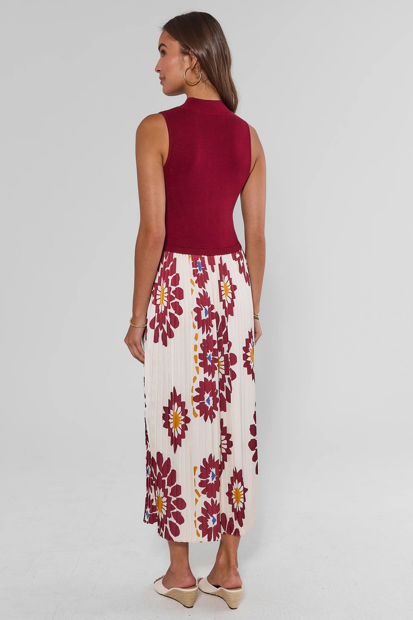 woman wearing marcia burgundy midi dress on white background