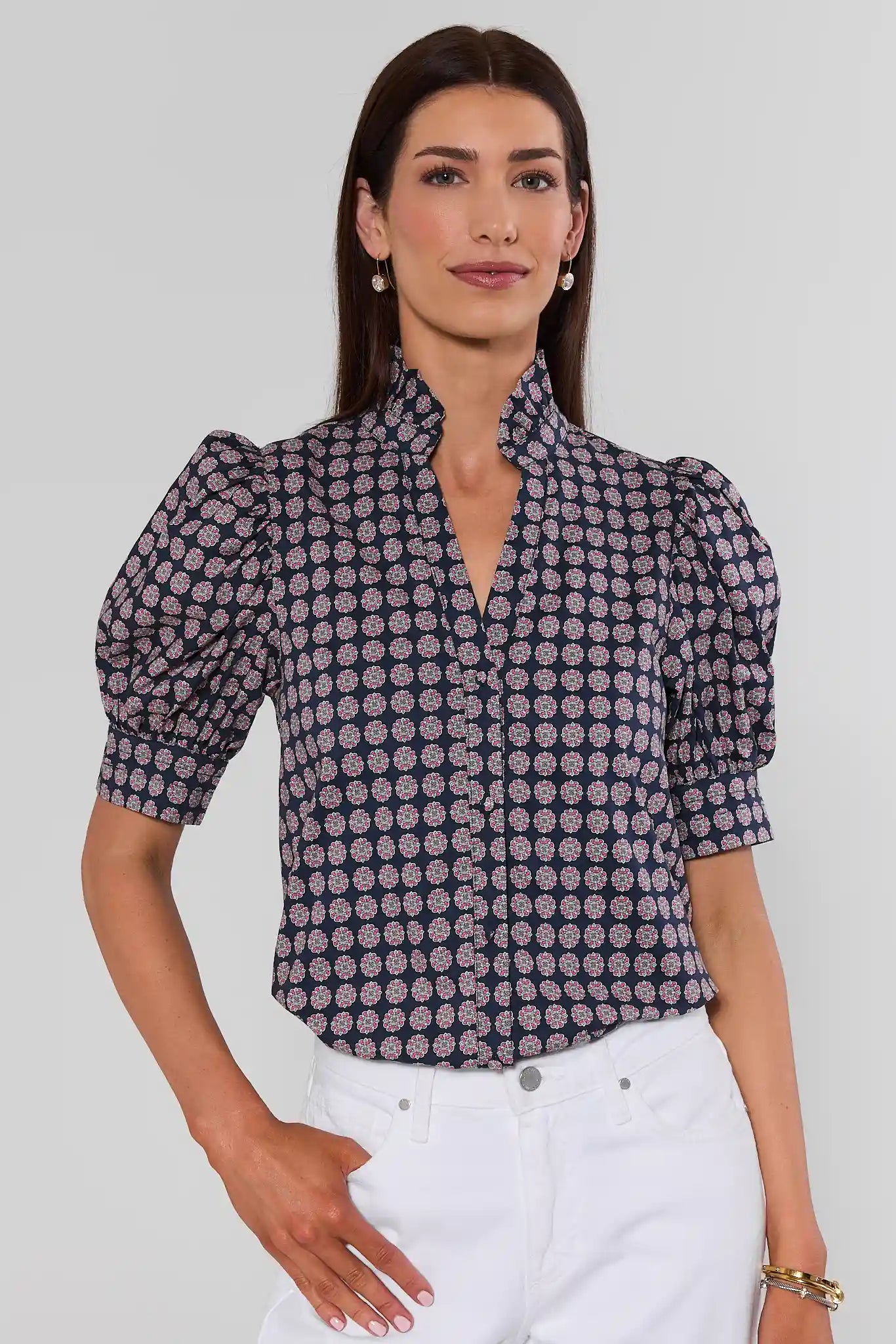 Daphne Navy Printed Button Up Top
