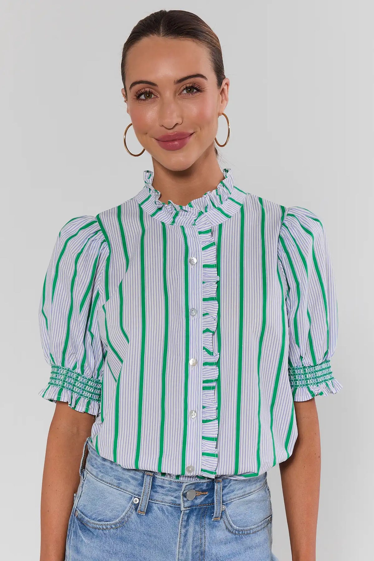 Blue Striped Ruffle Button Up Top | Avara