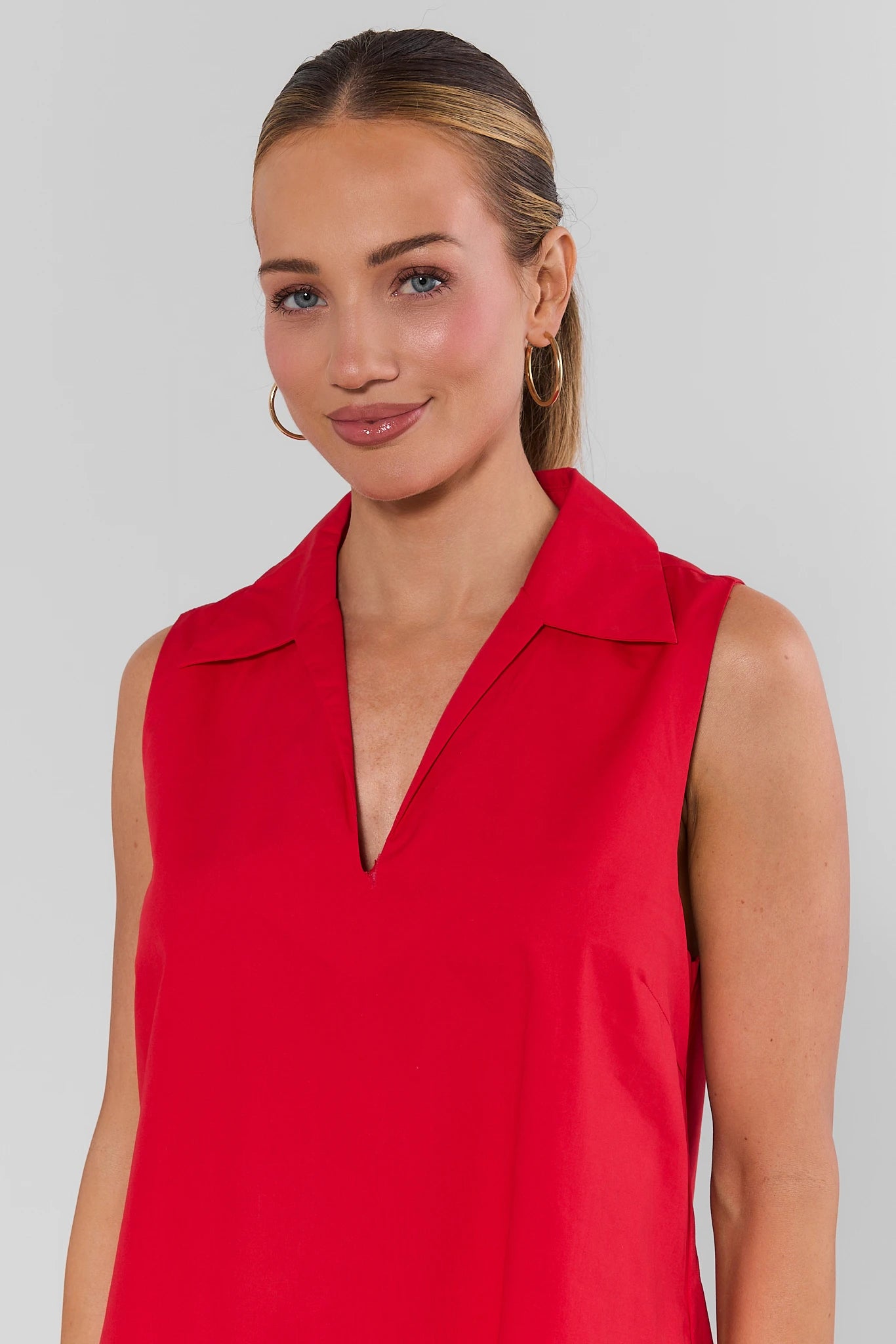 close up Woman wearing red ellen short dress on white background