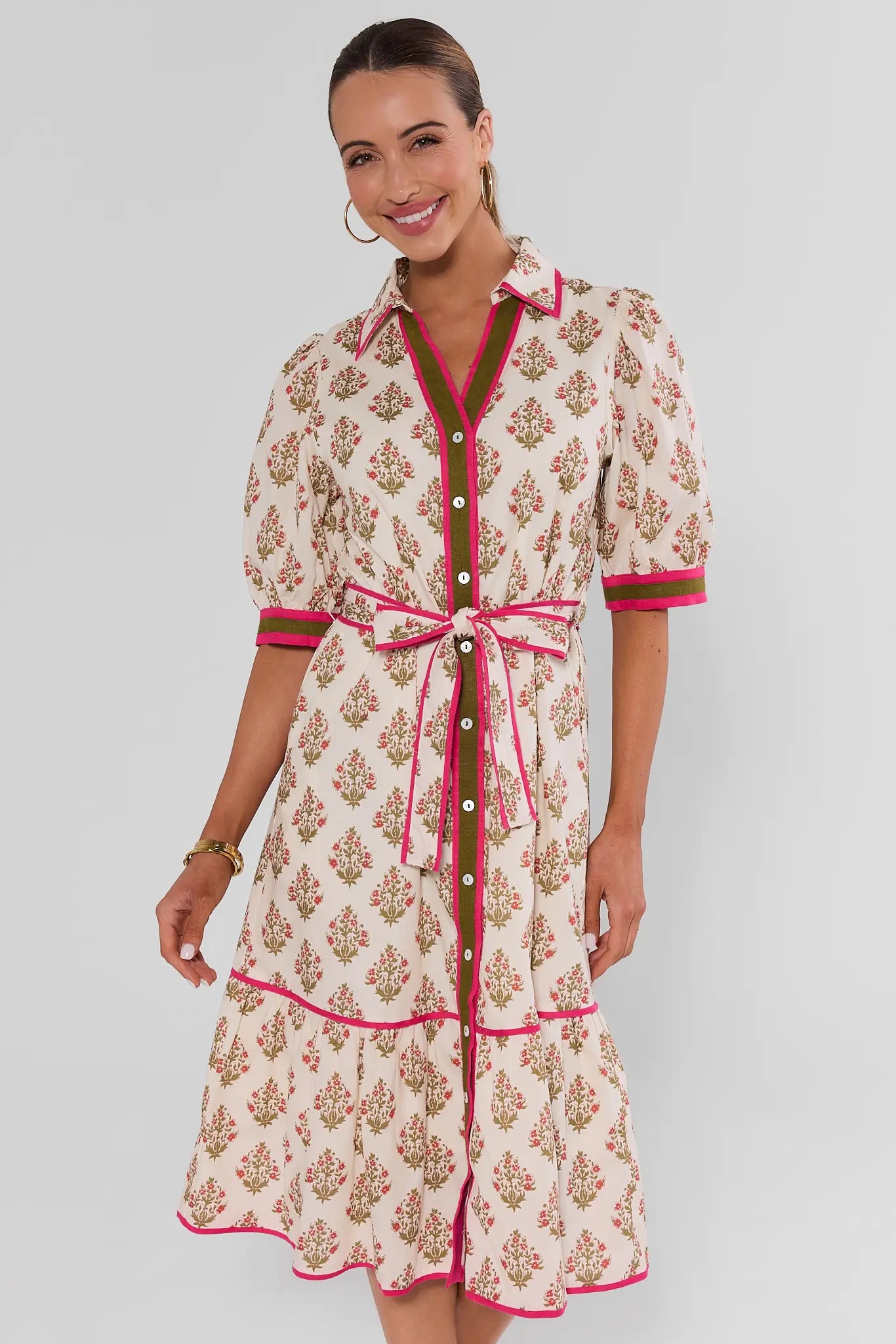 Woman wearing White Floral Button Up Midi Dress by THML on white background