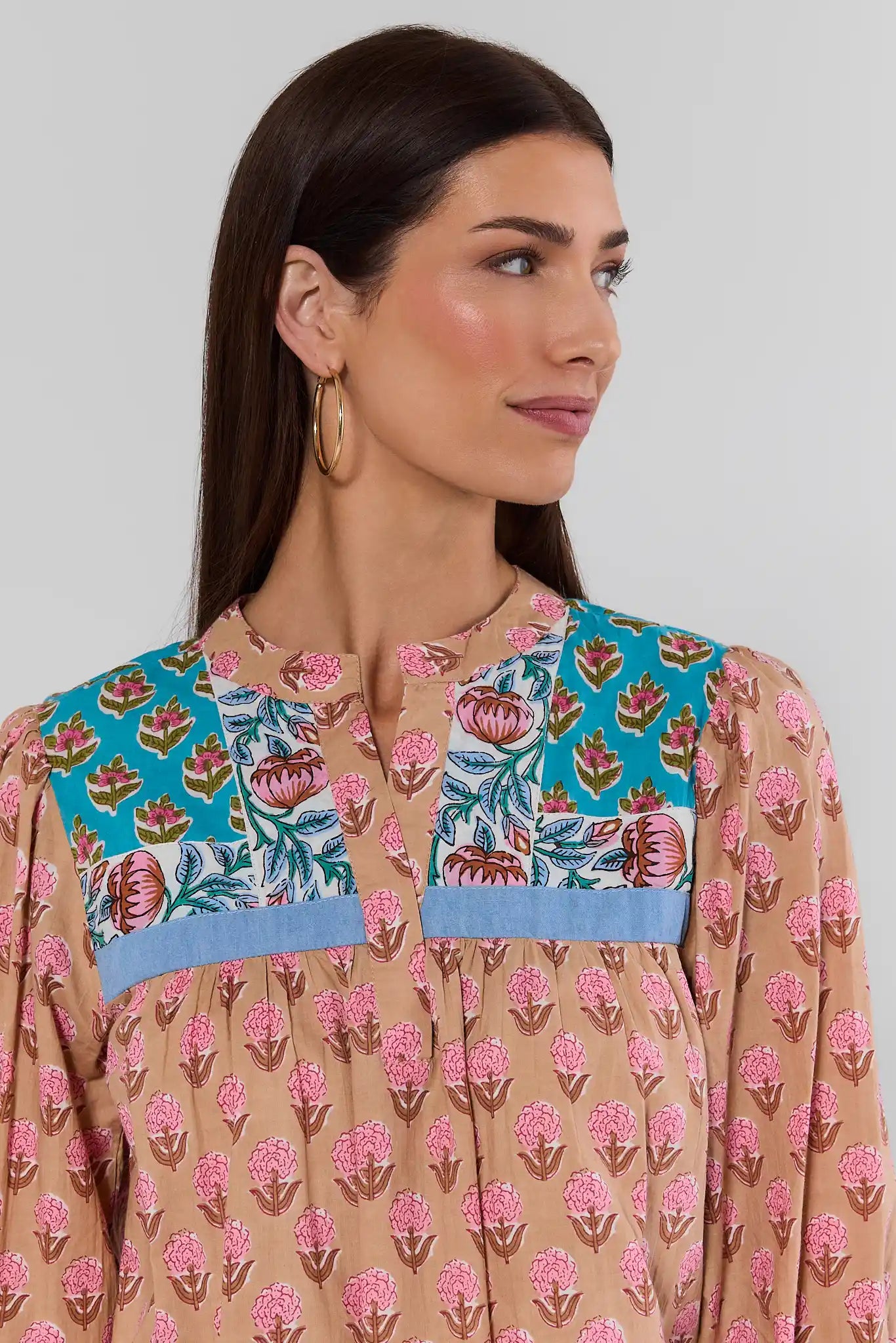close up Woman wearing Multi Printed Split Neck Top by THML on a white background