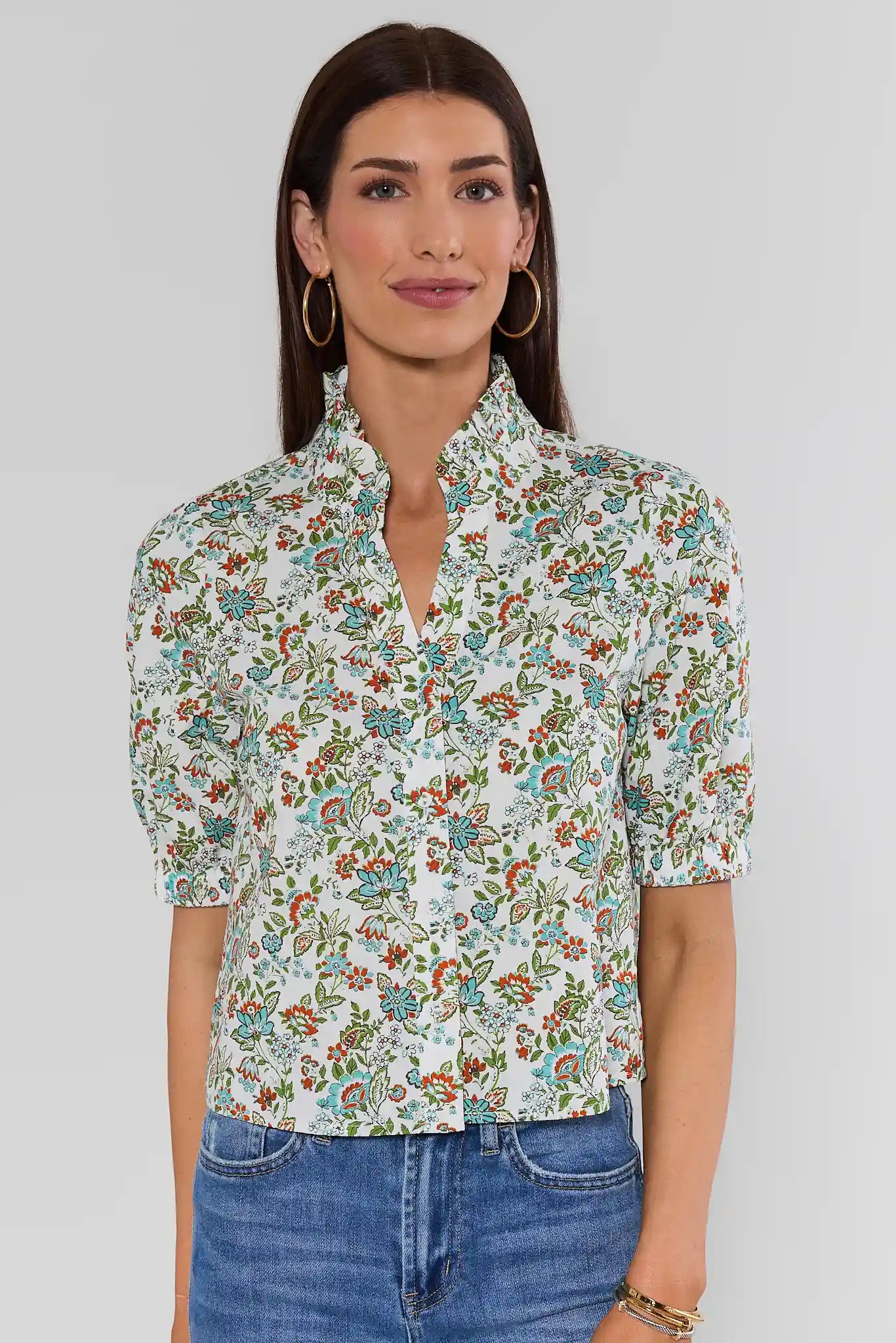 Woman wearing Multi Floral Printed Top by THML on a white background