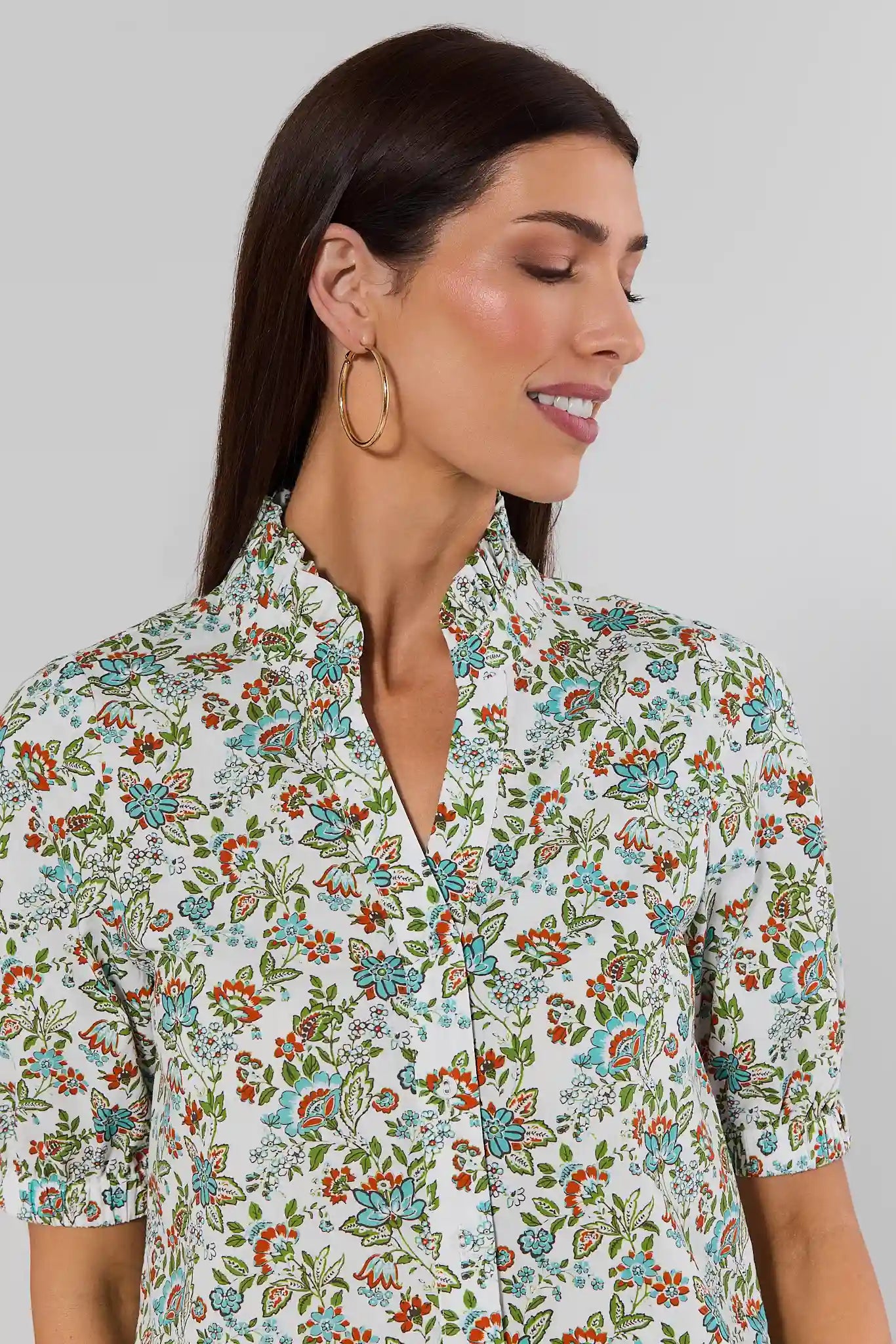 close up Woman wearing Multi Floral Printed Top by THML on a white background
