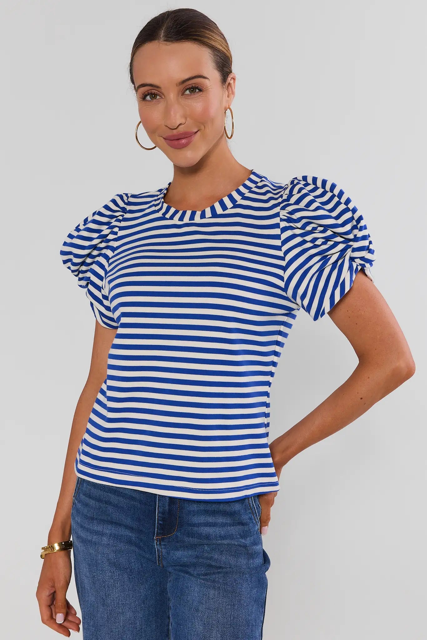 Blue Striped Puff Sleeve Tee | Avara