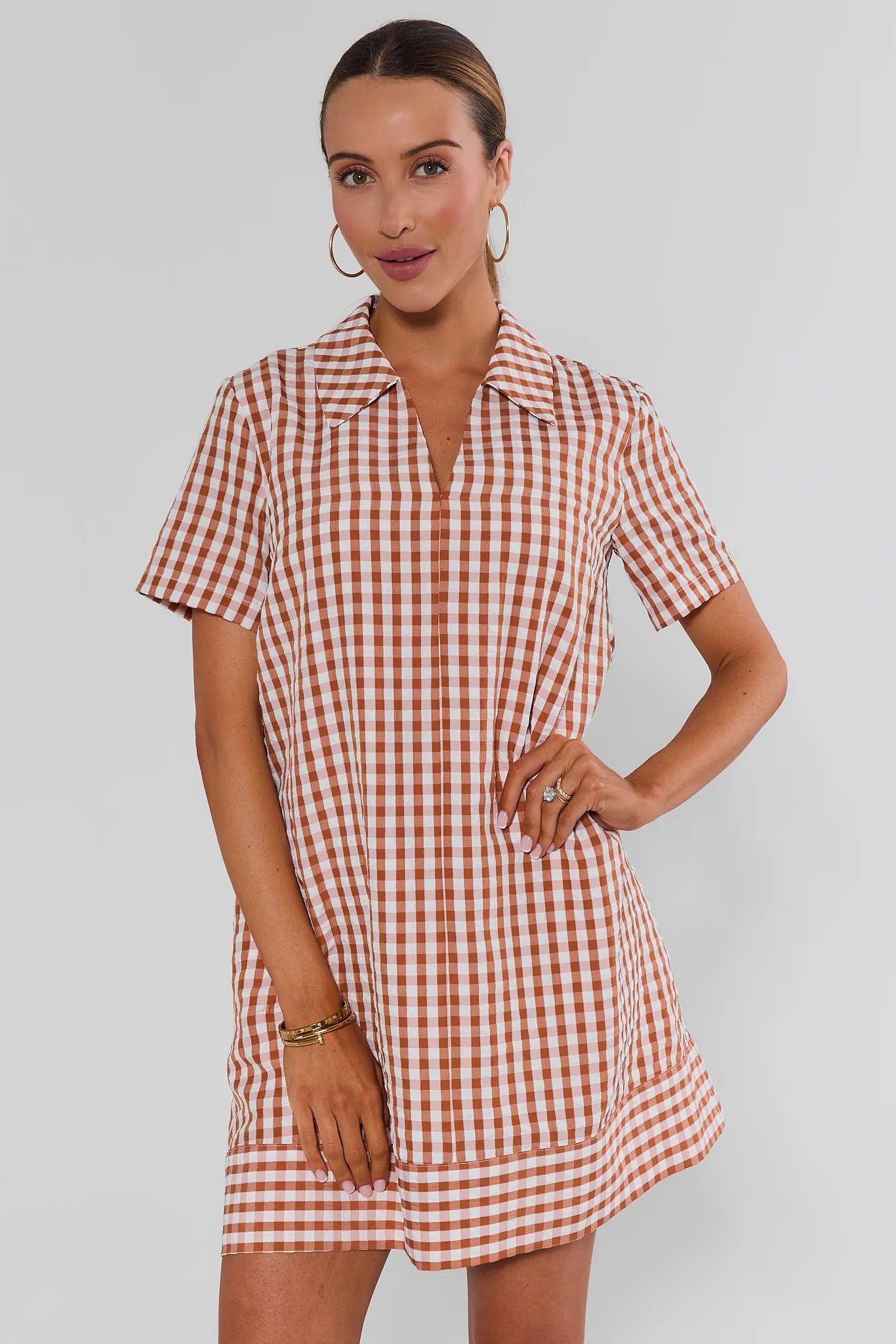 orange and white checkerboard dress Tia Rust Gingham Collared Short Audrey Hepburn's Breakfast at Machine wash according to CATEGORY_BF Color:Aqua Primavera