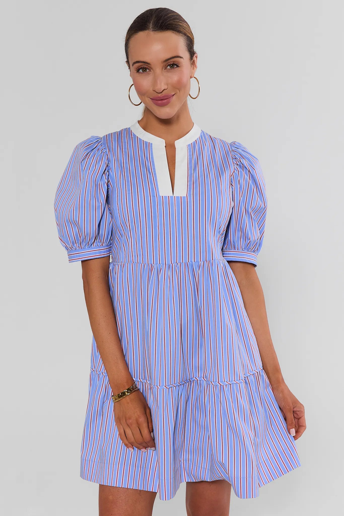 Blue Striped Split Neck Short Dress