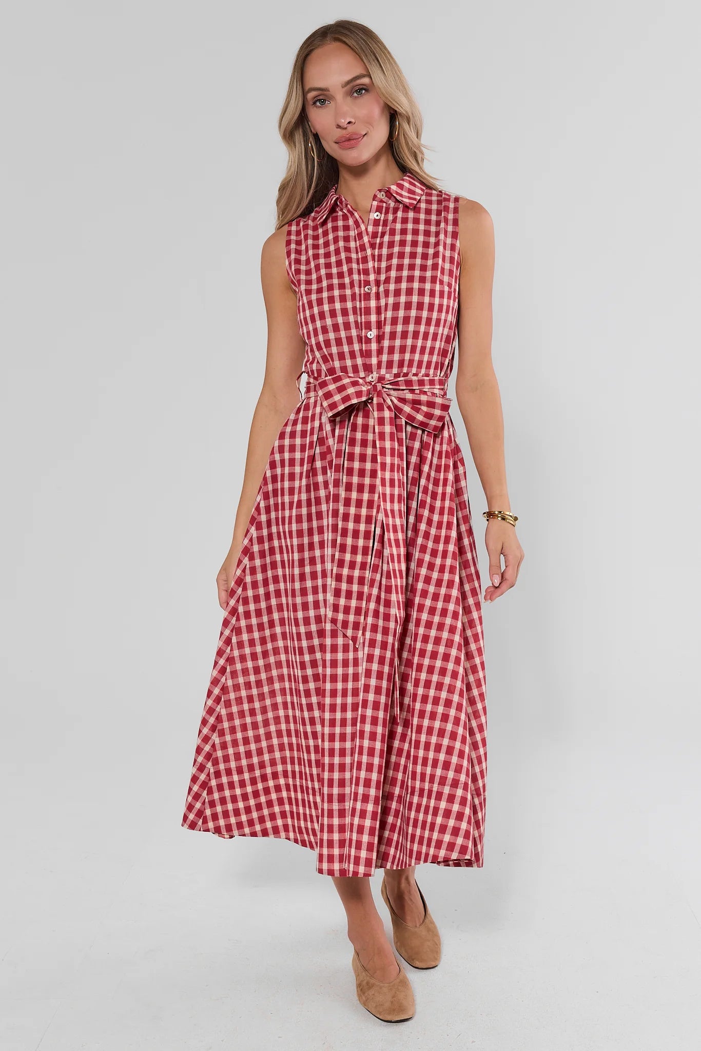 Red Gingham Tie Waist Midi Dress