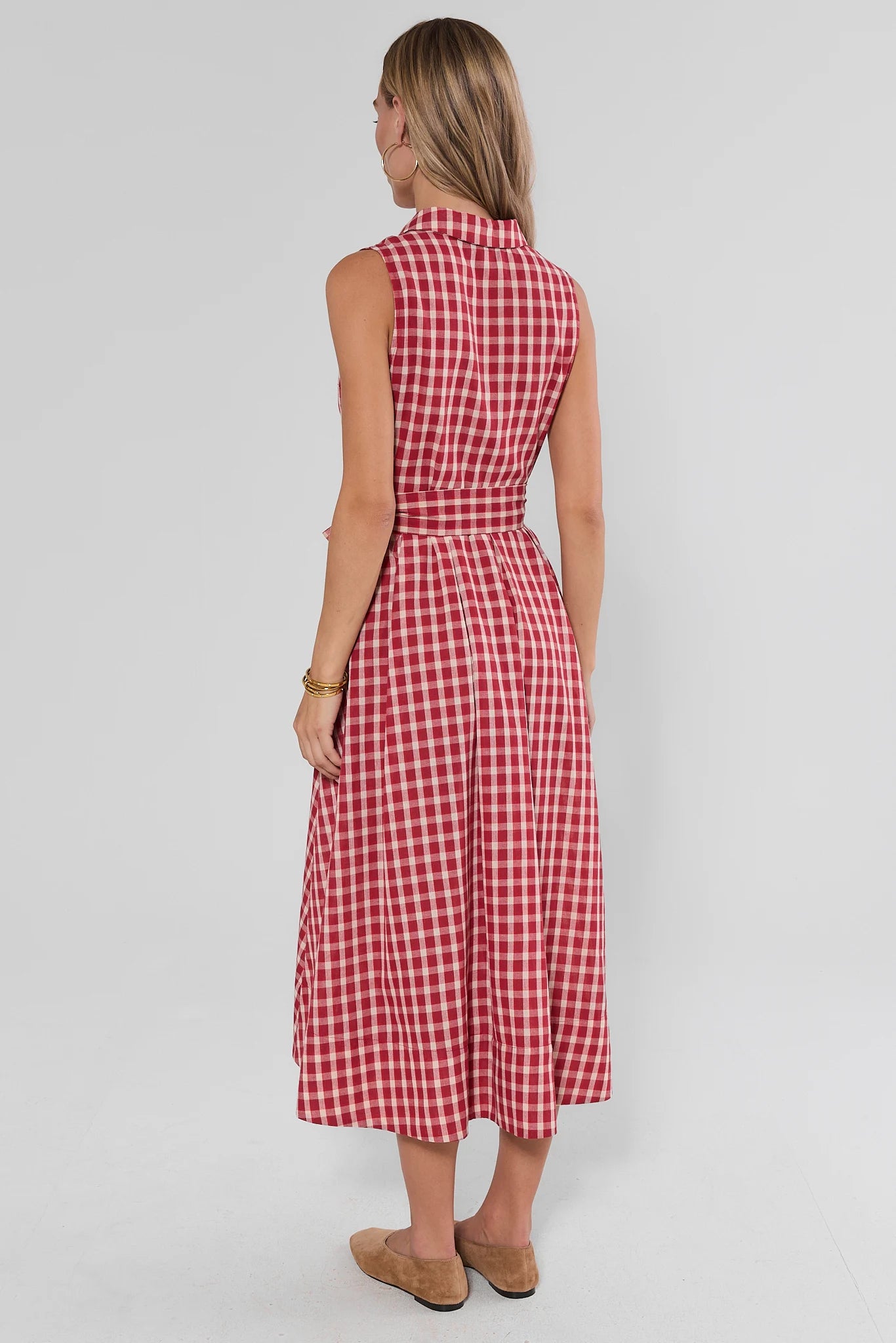 Red Gingham Tie Waist Midi Dress
