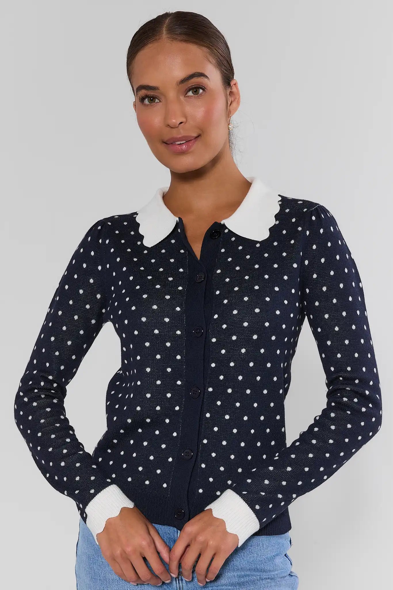 Navy Polka Dot Cardigan Sweater | Avara