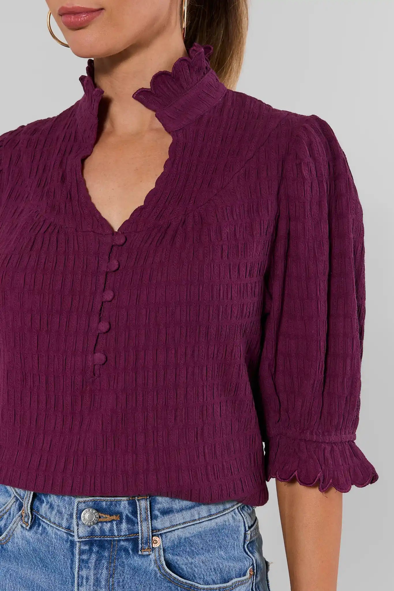 Hailey Plum Ruffle Trim Top