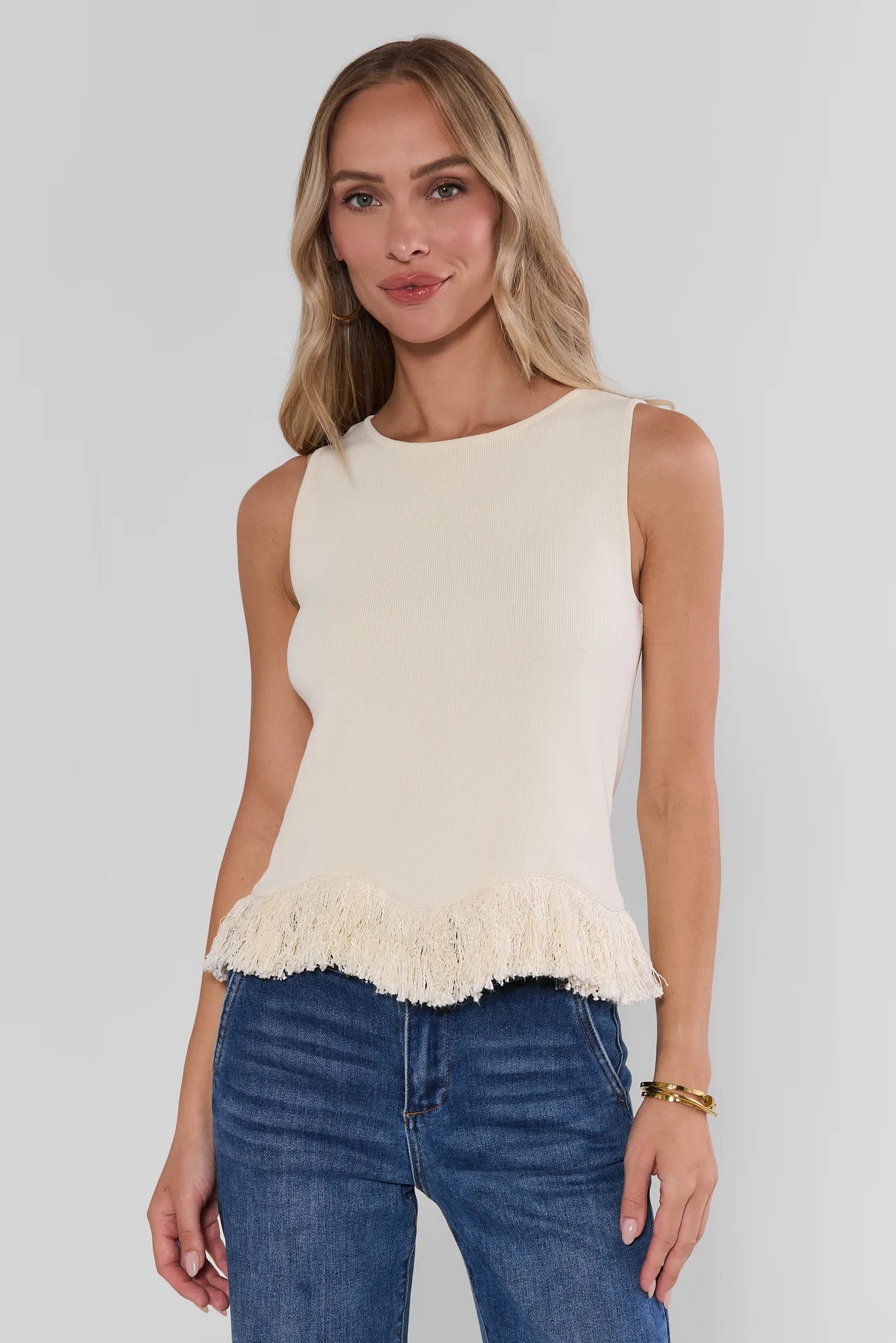 Shania White Fringe Trim Top