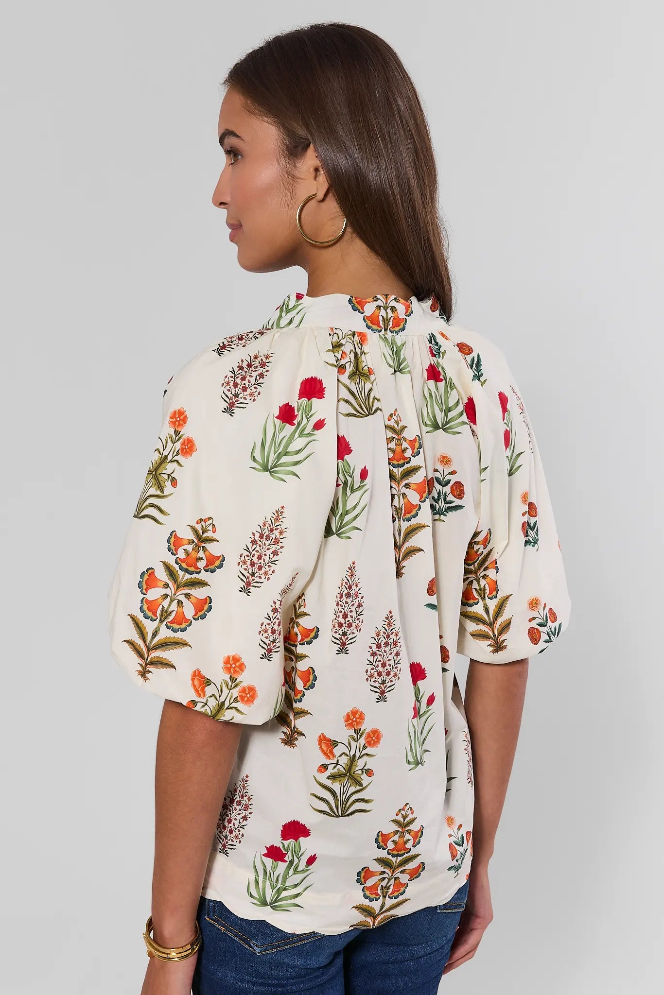 Ivory Floral Print Scalloped Hem Top