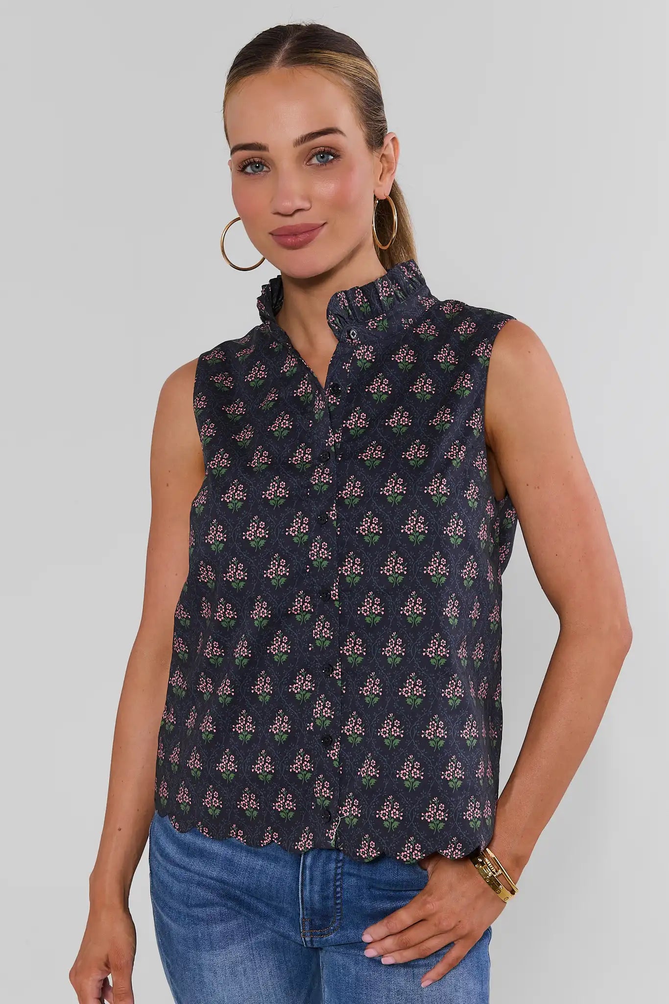 Navy Floral Printed Stand Collar Tank Top