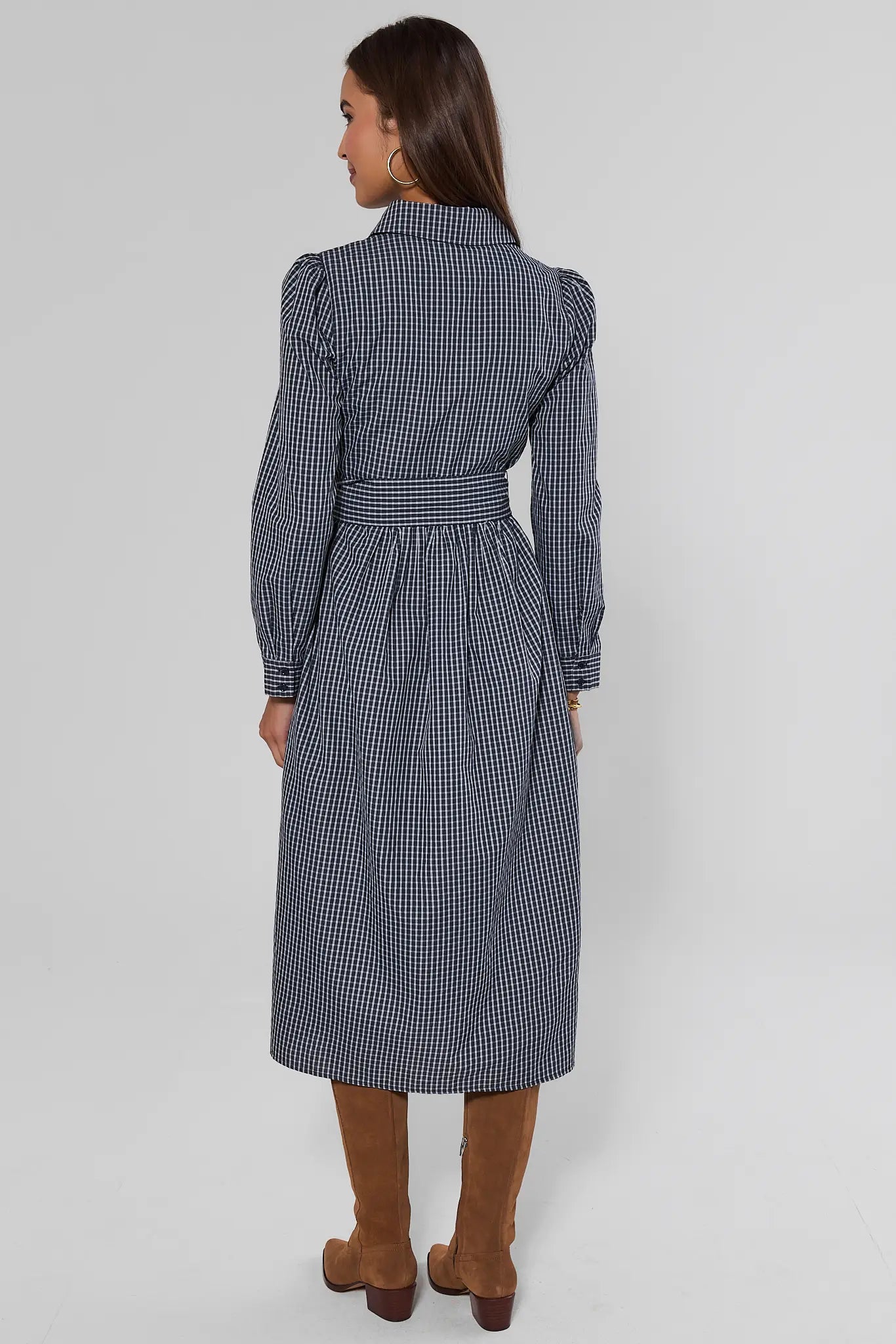 Navy Gingham Button Up Maxi Dress