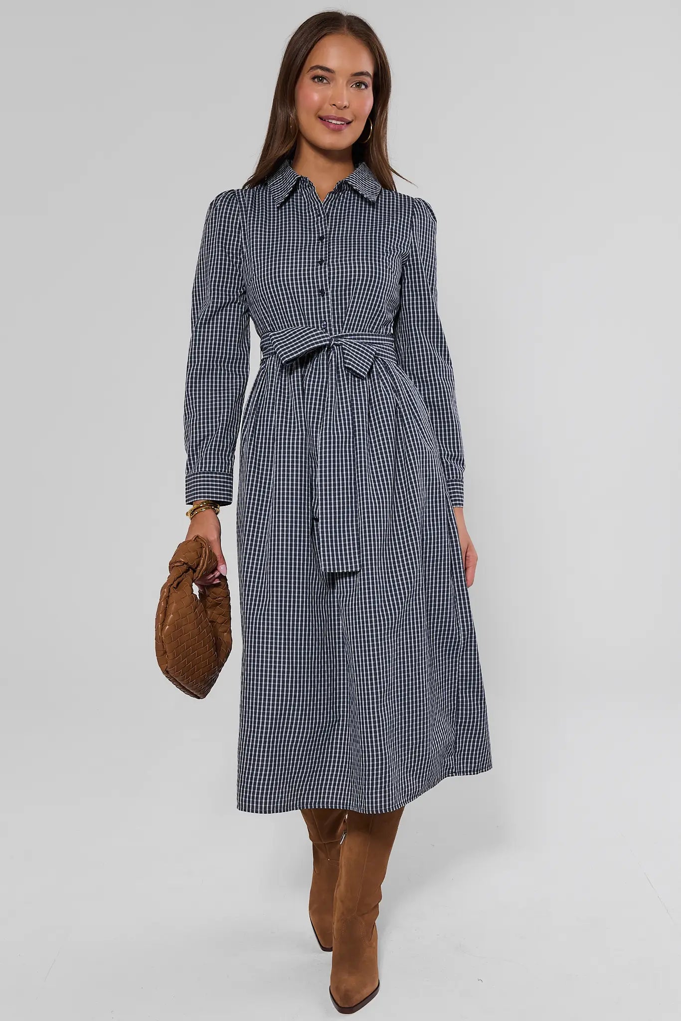 Navy Gingham Button Up Maxi Dress