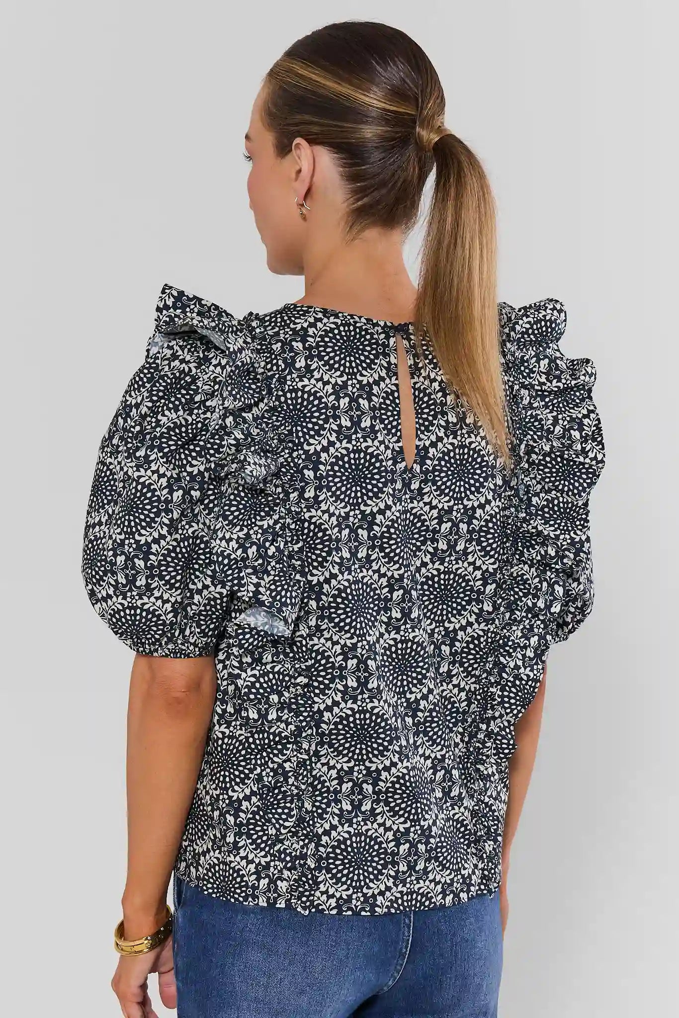 Navy Printed Ruffle Detail Top