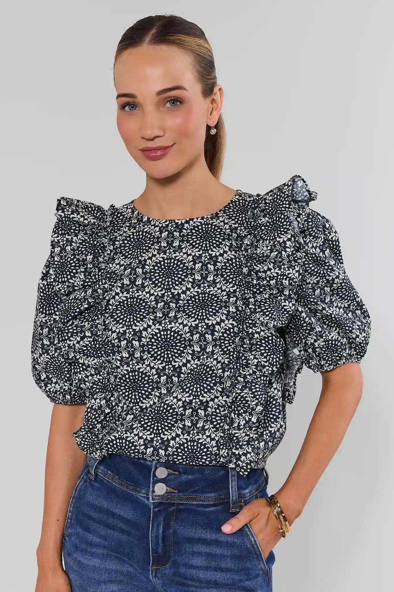 Navy Printed Ruffle Detail Top