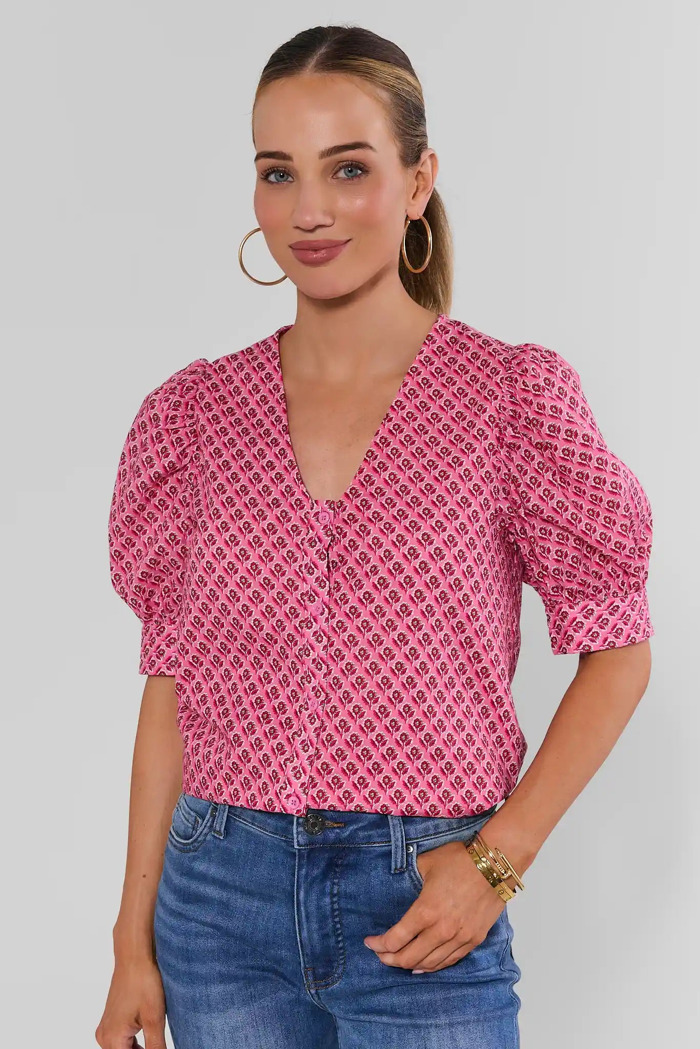 Pink Printed Button Up Top