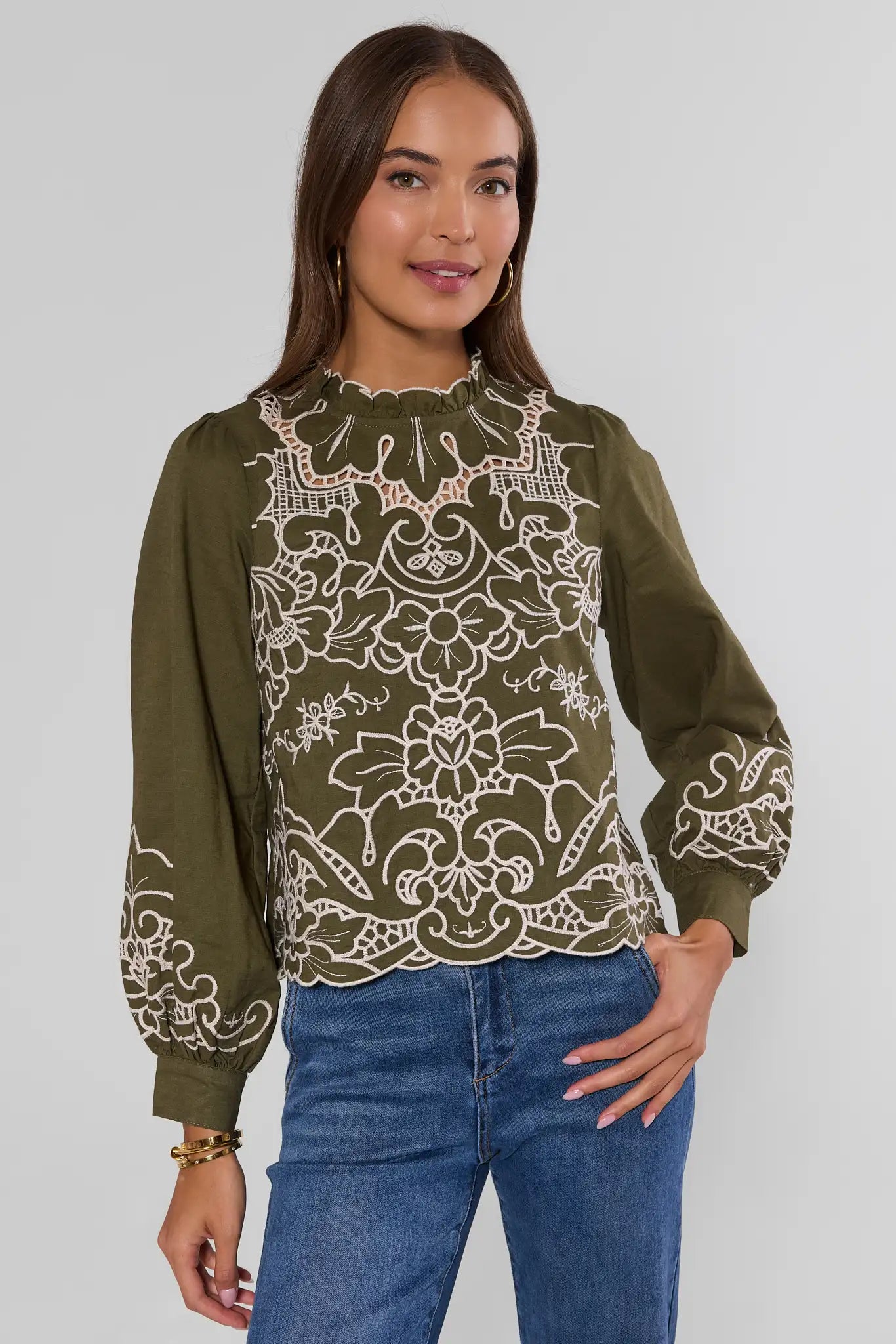 Anya Green Eyelet Long Sleeve Top