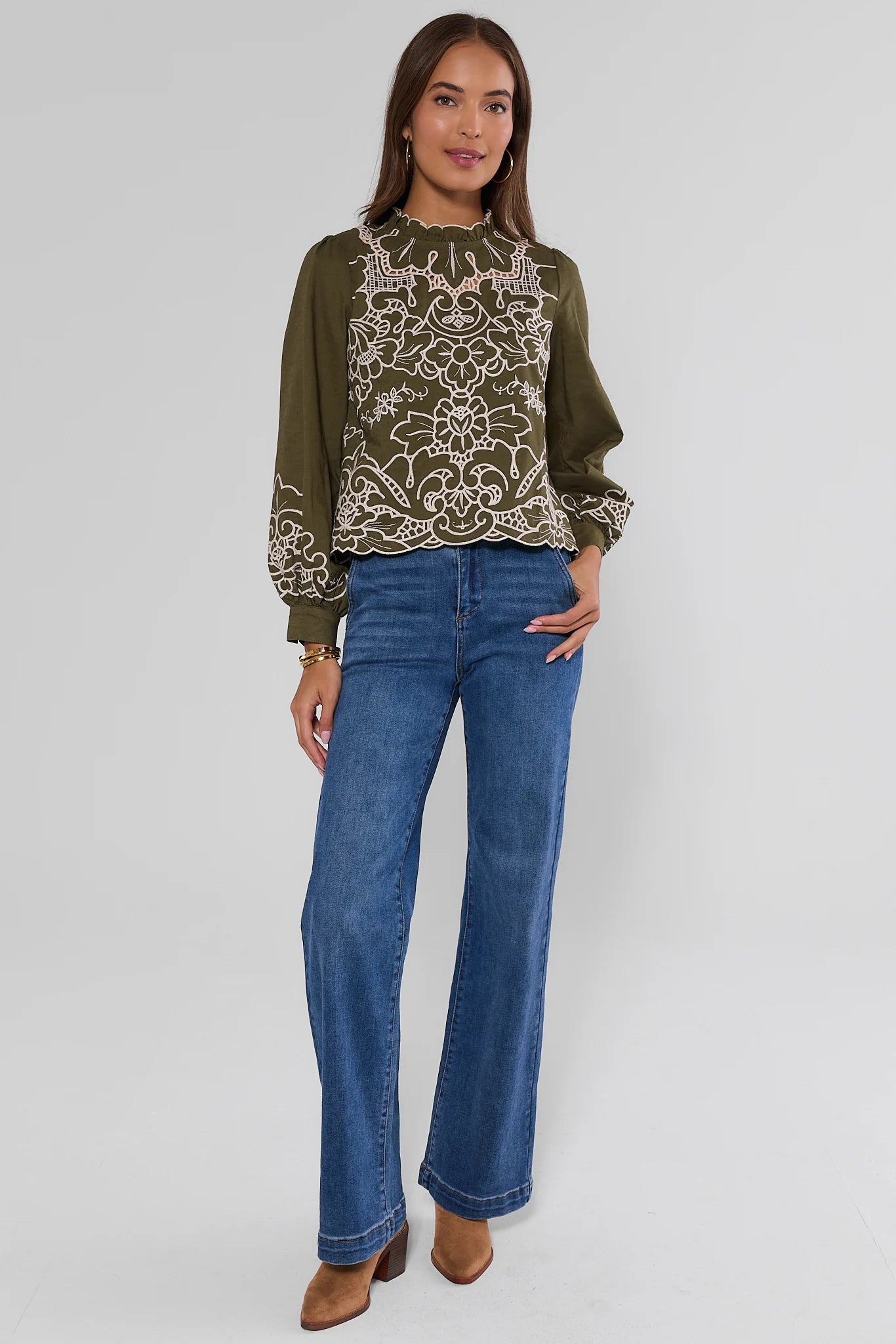 Anya Green Eyelet Long Sleeve Top