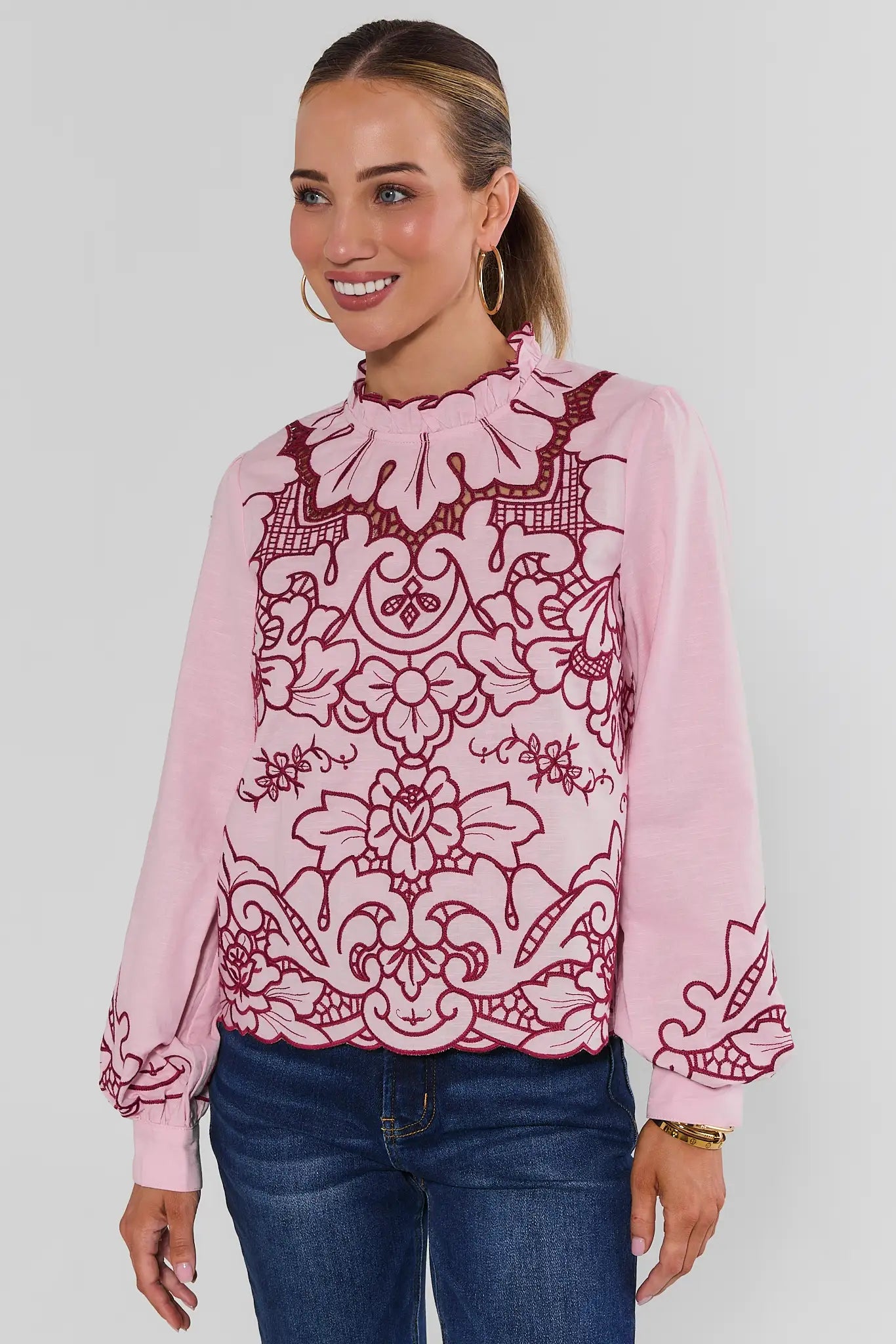 Anya Pink Eyelet Long Sleeve Top