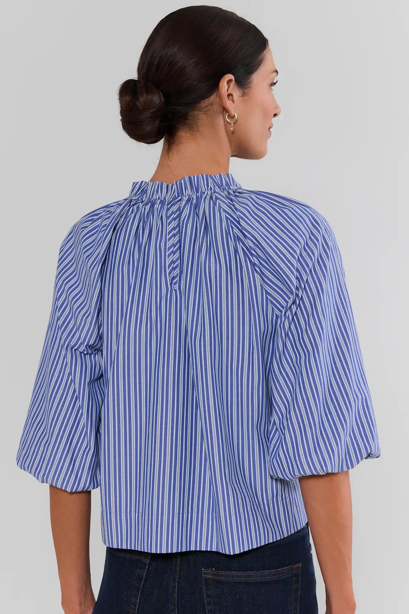 Cute Womens Blue Striped Ruffle Collar Top on model