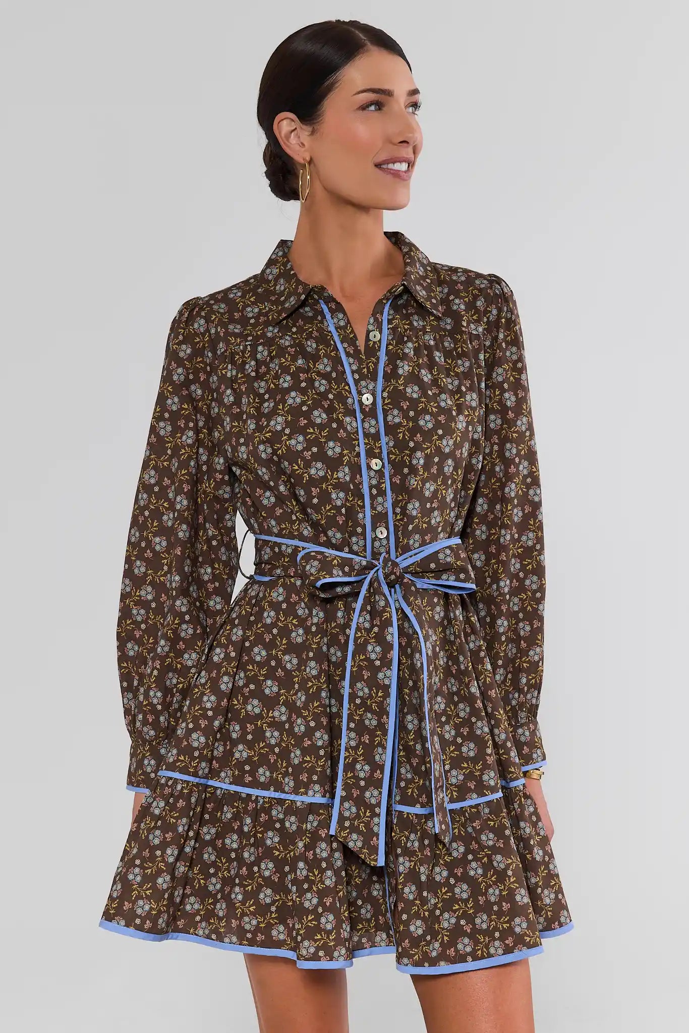 Brown Floral Printed Collared Short Dress