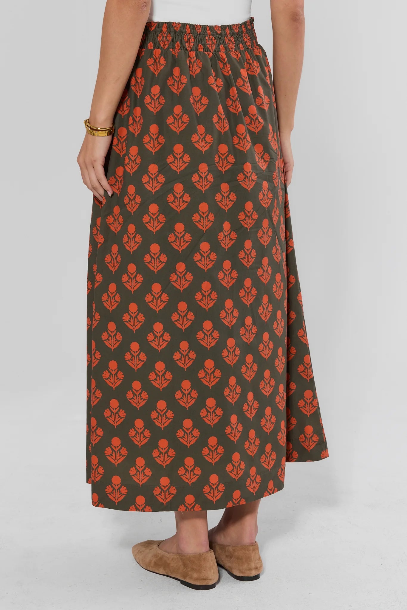 Green Floral Printed Midi Skirt