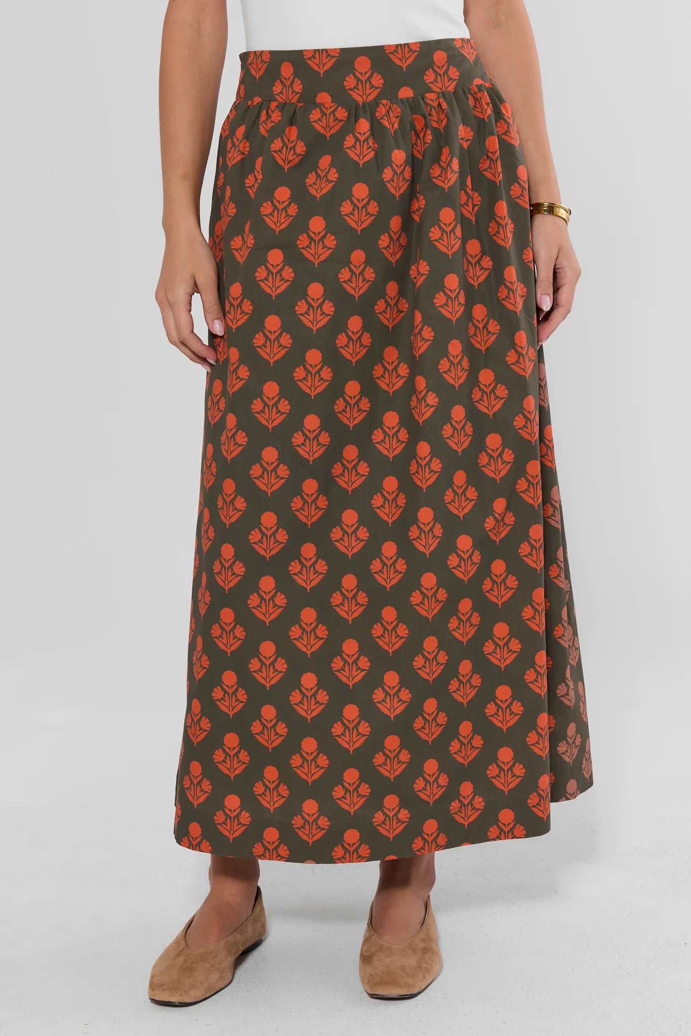 Green Floral Printed Midi Skirt