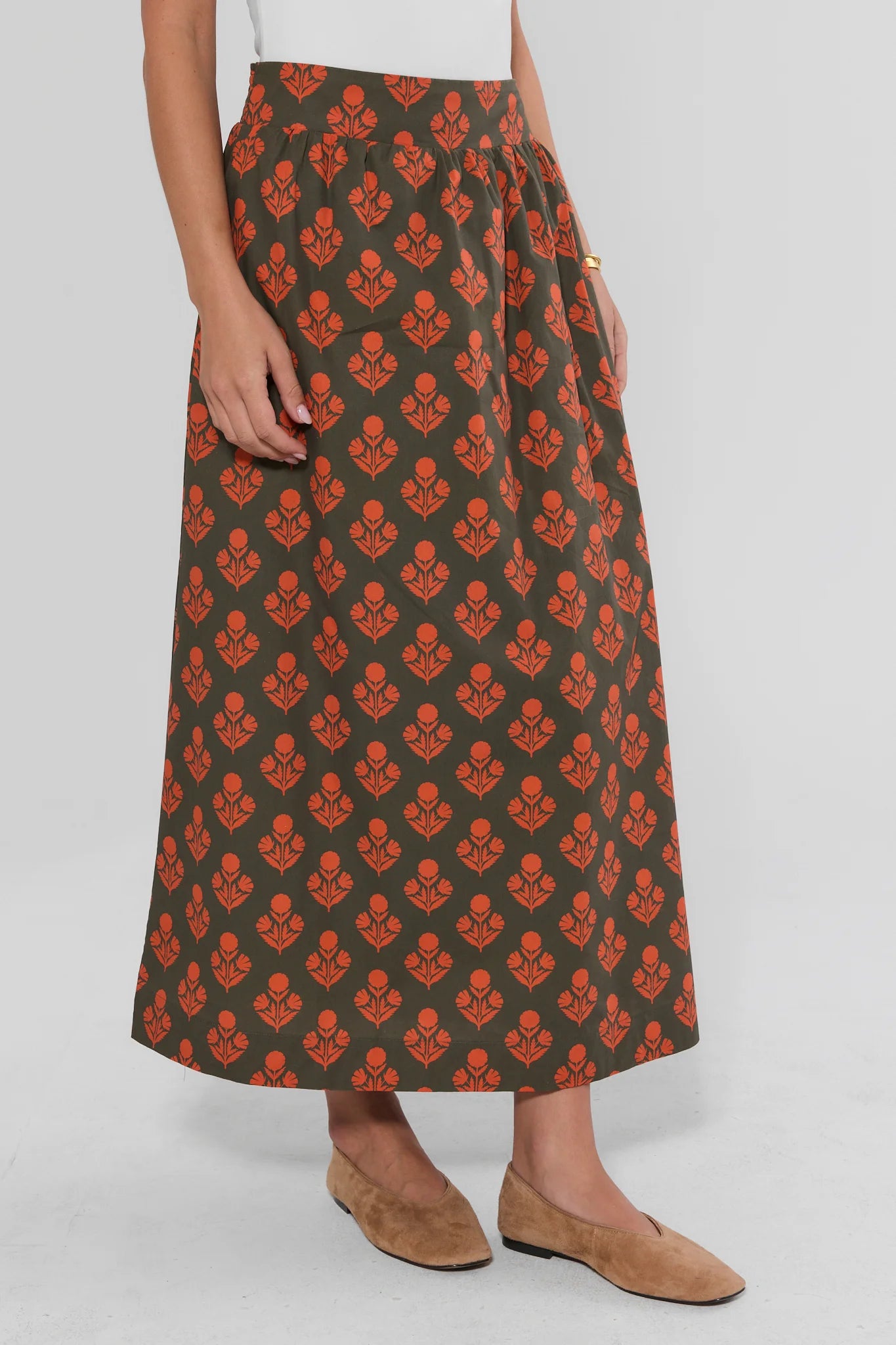 Green Floral Printed Midi Skirt