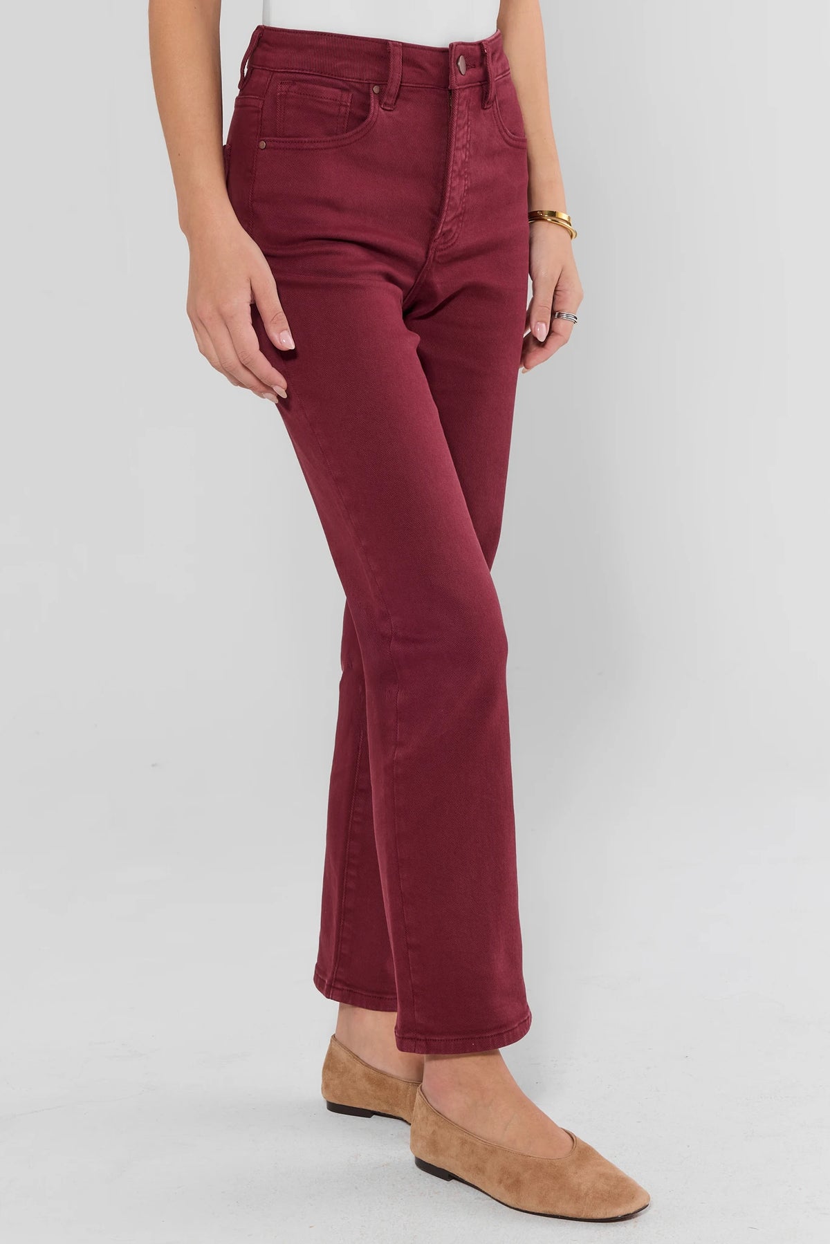 Burgundy High-Rise Straight Leg Jeans - Side Profile On Model | Avara