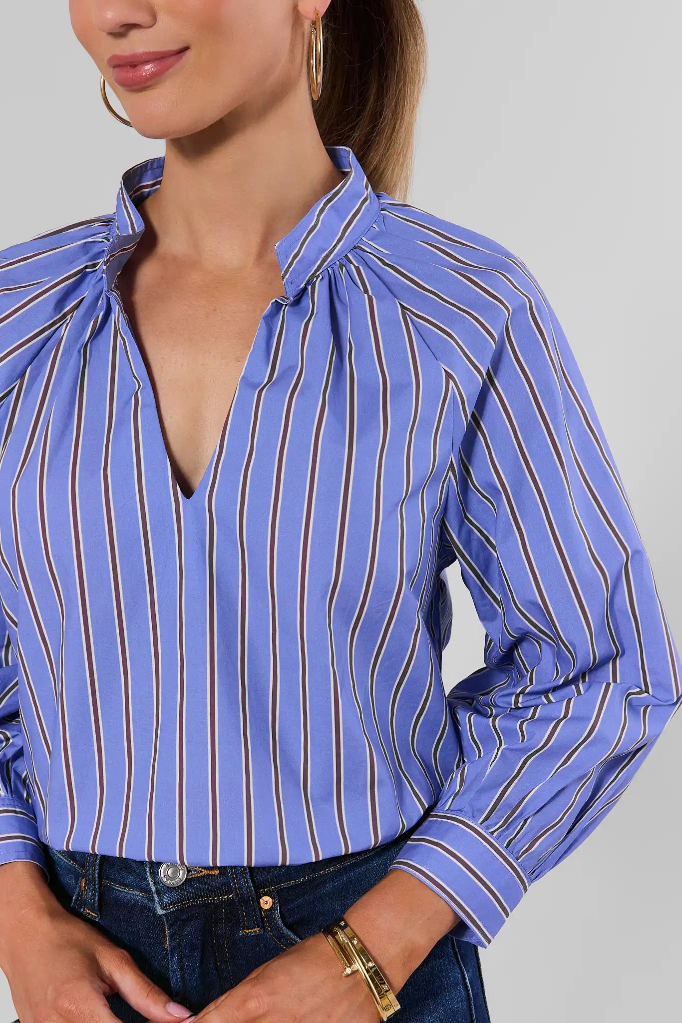 Carolyn Blue Striped Split Neck Top